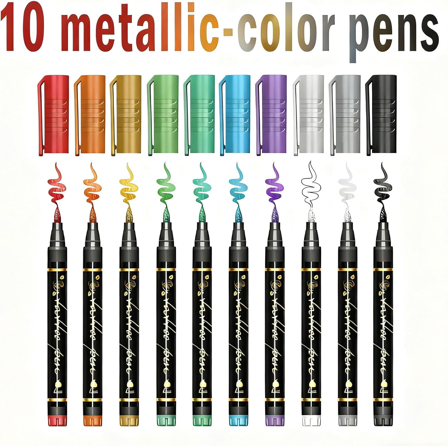 Temporary Tattoo Markers for Kids and Adults, 10 Metallic Markers and 155 Tattoo Stencil Designs, Cosmetic Tattoos Pens for Party Favor Gift and Face Painting