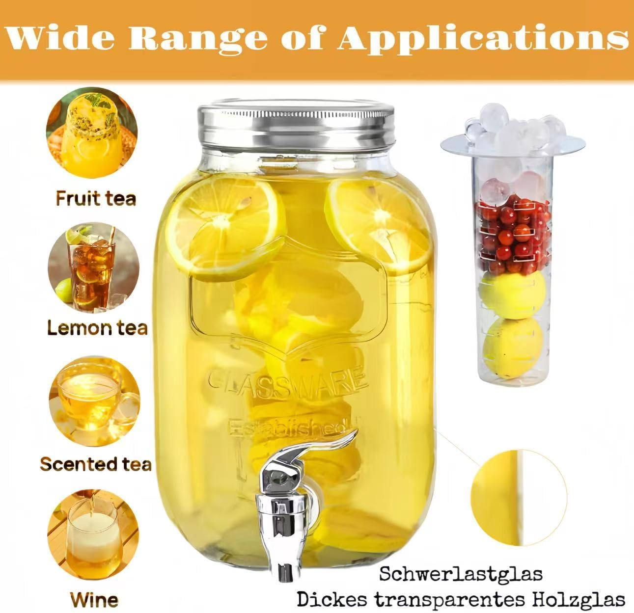 Deefongo 2 X 4L Glass Beverage Dispensers with Stand, Beverage Dispensers, Glass Water and Juice Dispensers with Spigot for Sparkling Juices, Water, Homemade Drinks, Parties, Weddings image number 3