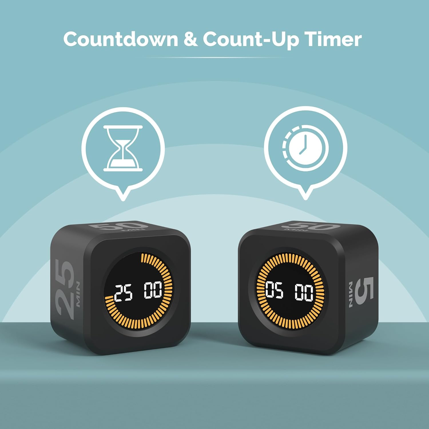 KADAMS Rotating Visual Timer Productivity Pomodoro Cube, 5/10/25/50 Min Countdown Customizable Stopwatch Silent Mode &ndash; Ideal for Work, Study, Cook Workout Kitchen School Classroom, Office Black - White image number 3