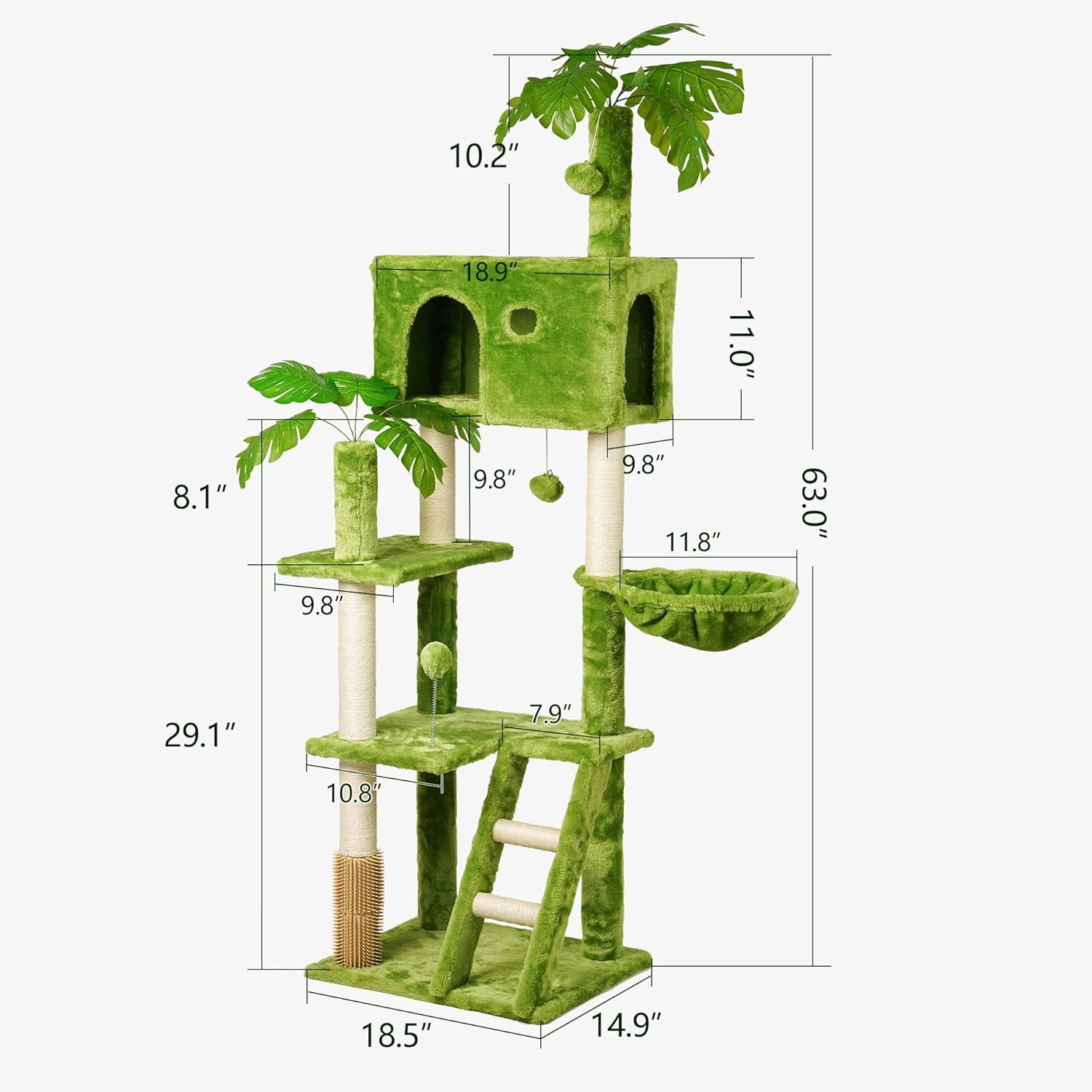 Meecal 65In Tall Cat Tree with Leaves for Indoor Cats, Green Cat Tower with Scratching Post,Hanging Hammock,Cozy Perch,Swing Ball,Self Groomer and Cat Ladder,Cat Tree Tower image number 5