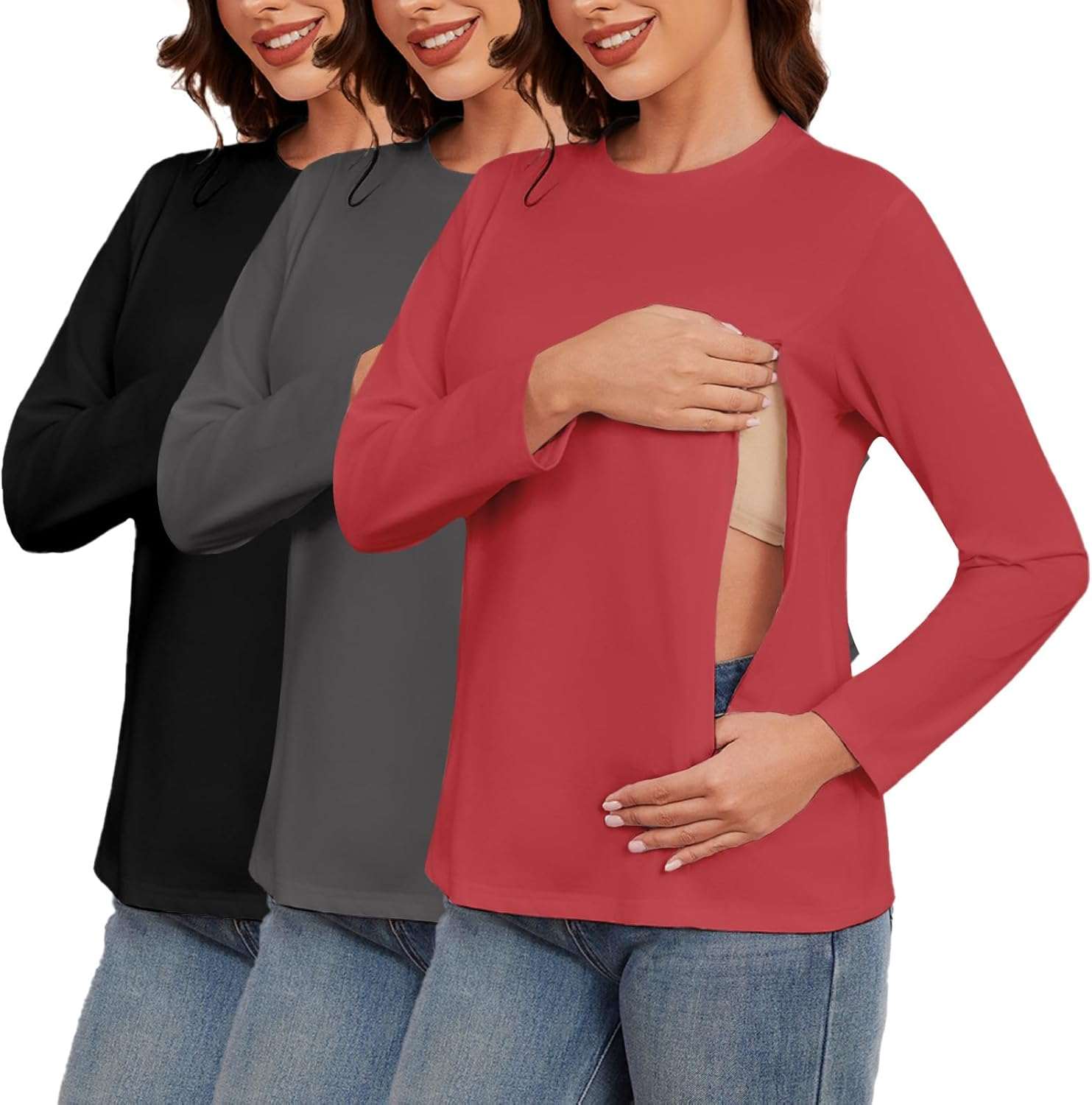 Love2Mi Pack of 3 Women'S Long-Sleeved Nursing Shirt with Hidden Zip Maternity Shirt Maternity Wear