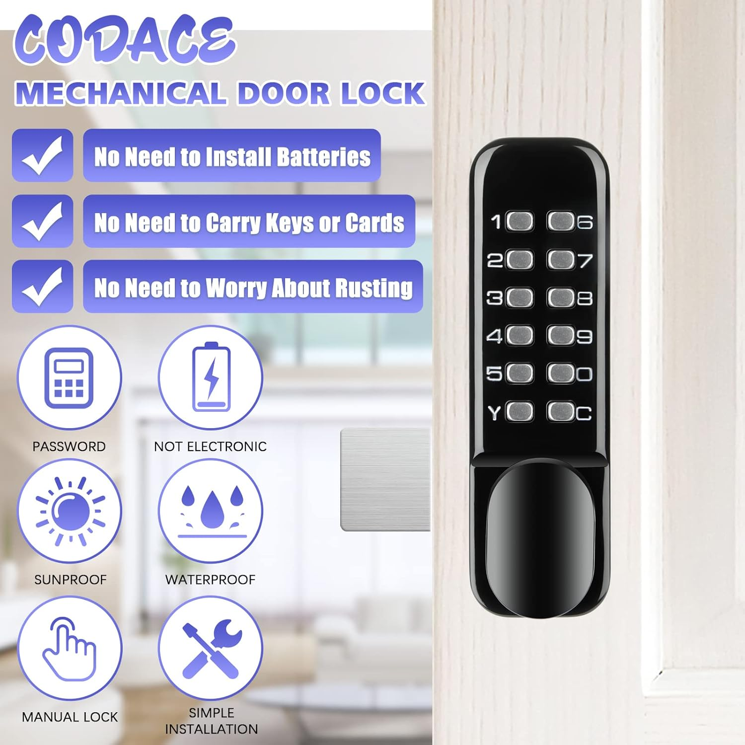 Stainless Steel 100% Mechanical Door Locks with Keypads Door Knob, Waterproof Keyless Entry Door Keypad Deadbolt Lock with Handle, Digital Combination Front Door Lock Set, 2 in 1 Code/Key