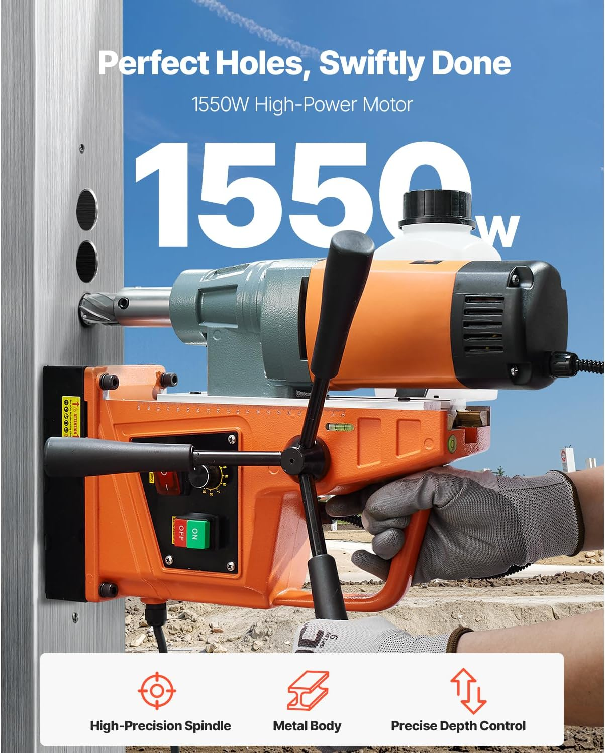 VEVOR Magnetic Drill, 1550W 1.57" Boring Diameter, 2922Lbf/13000N Portable Electric Mag Drill Press with Variable Speed, 500 RPM Drilling Machine for Any Surface Home Improvement Industry Railway image number 6