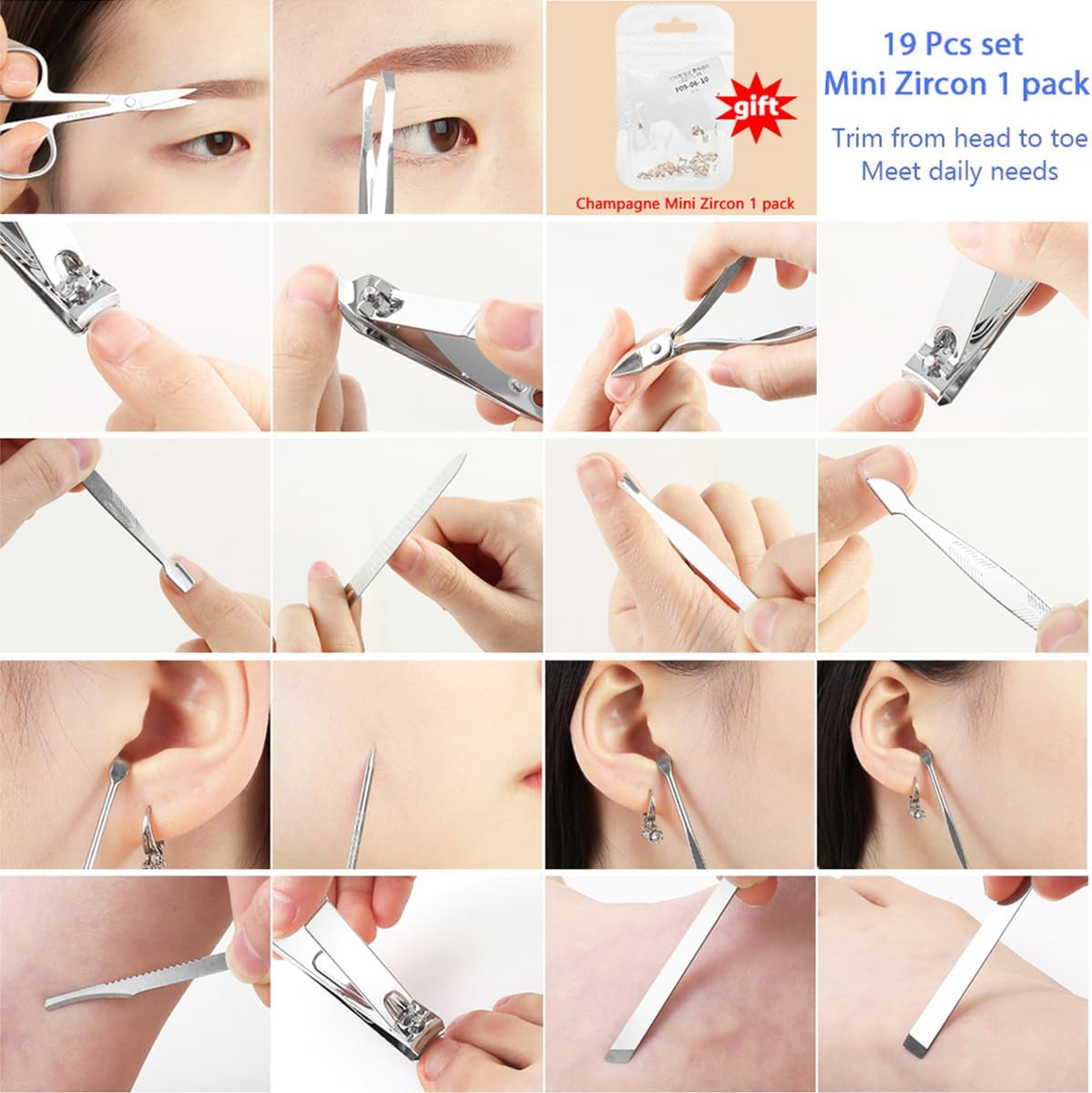 Wolfride 19Pcs Manicure Set Nail Clippers Pedicure Kit with Black Leather Case, Carbon Steel Professional Grooming Kit Nail Care Tools + Nail Rhinestones 1 Pack image number 3