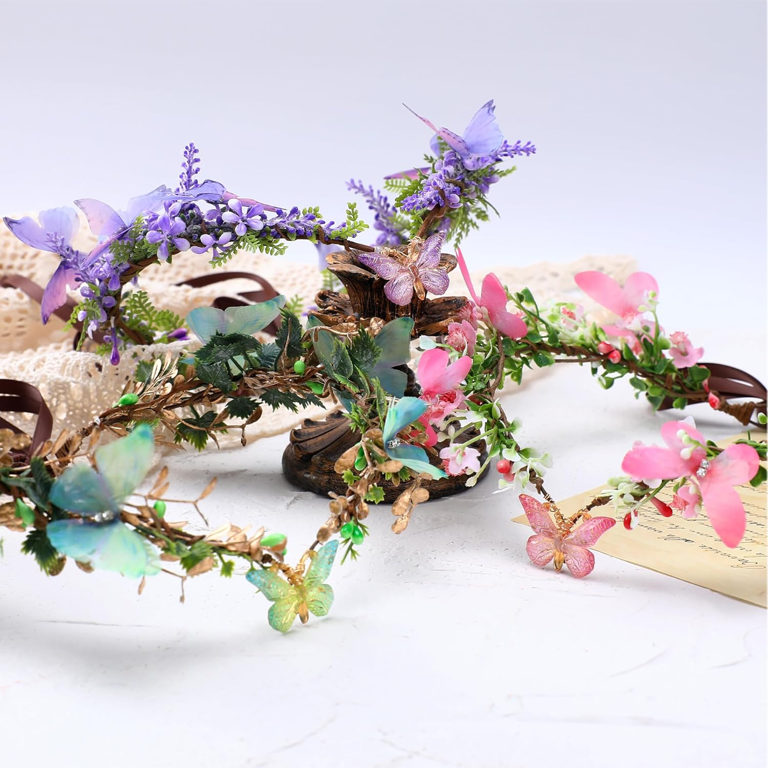MOSTORY Butterfly Fairy Crown for Women Pink Elf Crown for Wedding Spring Photo Shoot image number 3