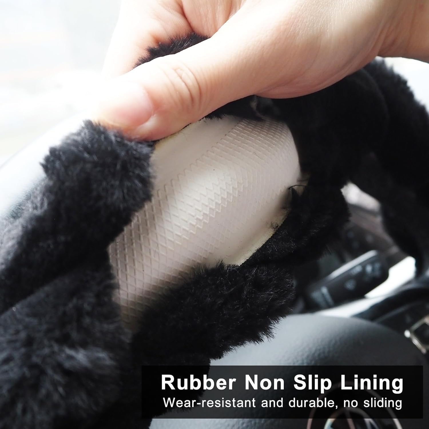Fluffy Steering Wheel Cover for Women, Universal Fit 14-15 Inch, Anti-Slip Soft Plush Car Wheel Covers Protector, Full Surround, Winter Car Interior Accessories for Female Men (Black) image number 4