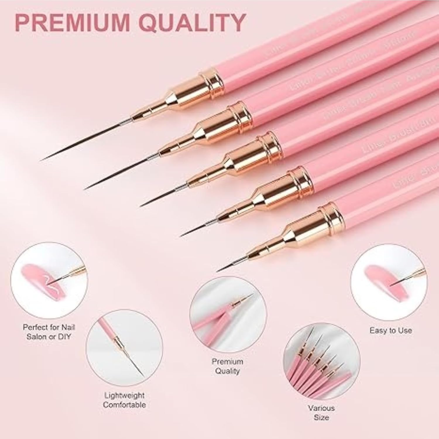 Kalione 5Pcs Metallic Nail Art Brushes Fine Line Nail Art Brush Set, Painting Design Brush Set Dotting Drawing Tool for Long Lines, Thin Details, Fine Drawing Sizes 4/8/12/20/25Mm, Pink image number 3