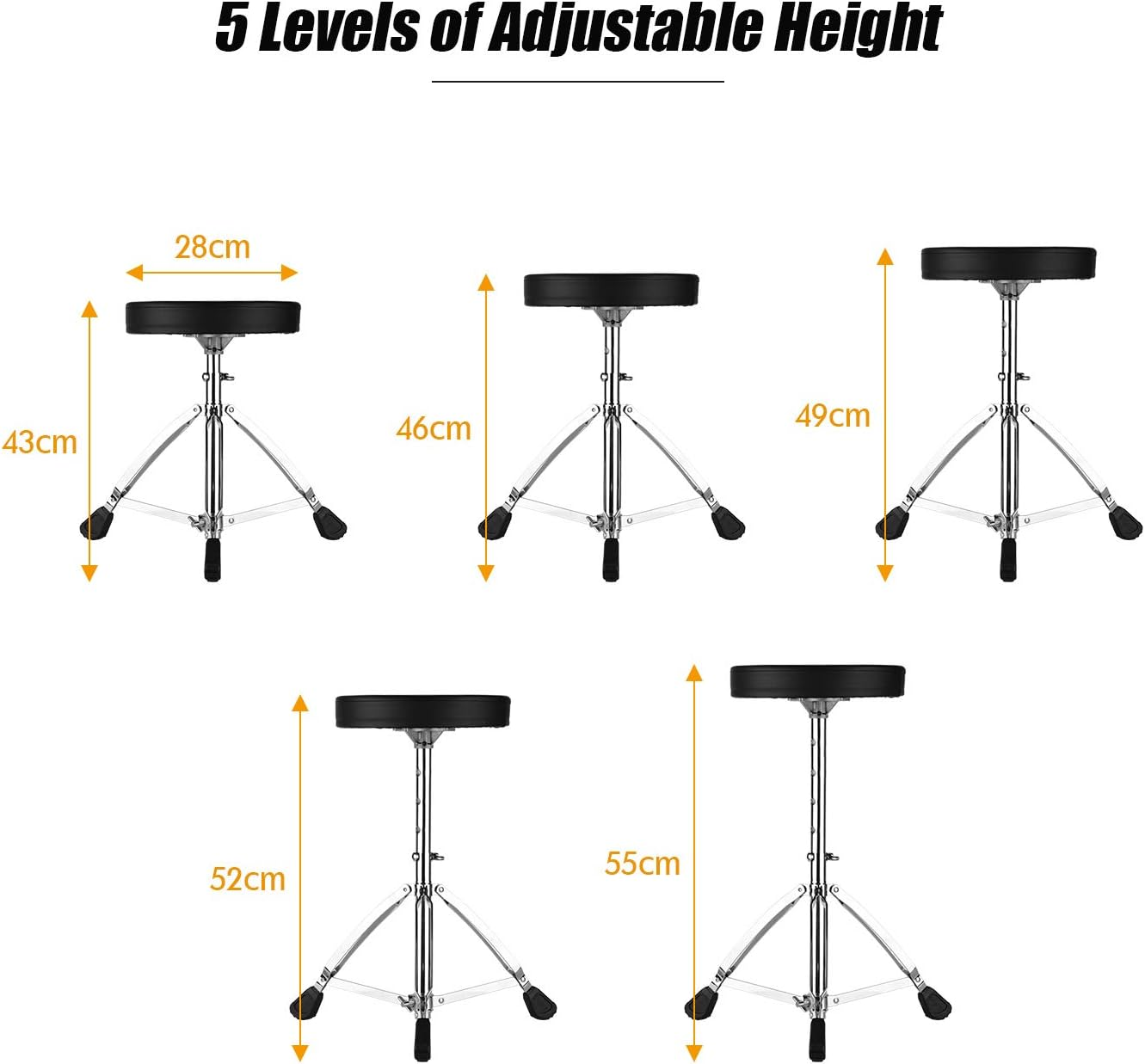 ACAGALA Universal Drum Throne round Padded Drum Seat Stool Double-Braced Stainless Steel Legs Anti-Slip 5 Levels Adajustable Height for Adult Drummers image number 3