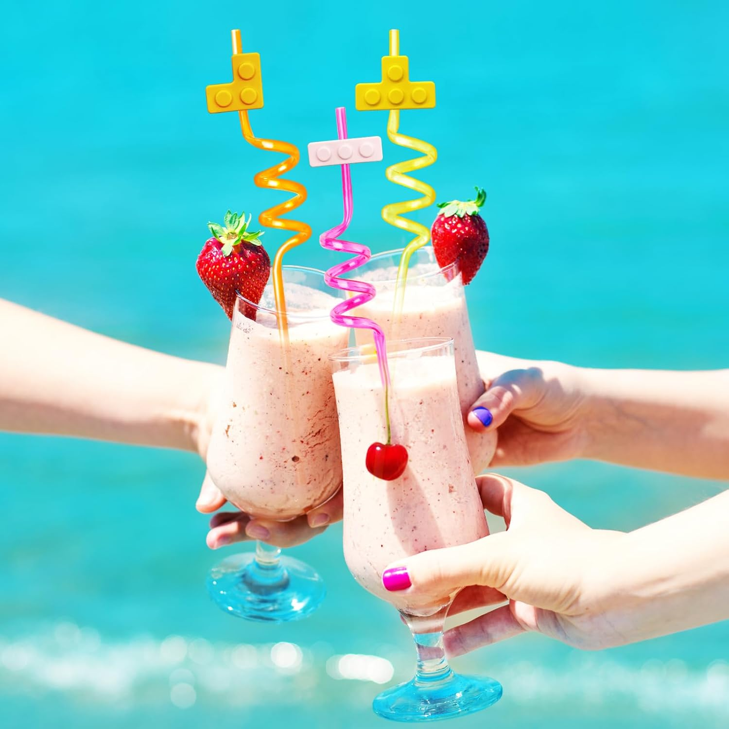 24 Pcs Building Blocks Party Favors Drinking Straws, 8 Colors Reusable Straws for Kids Adults Birthday Party Decoration Supplies with 2 Pcs Straws Cleaning Brush image number 3