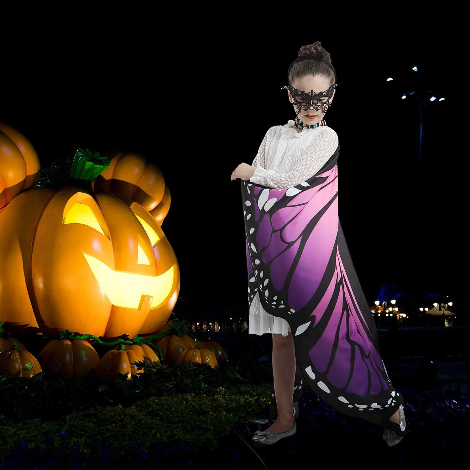 JEPOZRA Butterfly Wings Cape for Girls Kid Fairy Wing Halloween Costumes Dress up Shawl - Purple image number 5