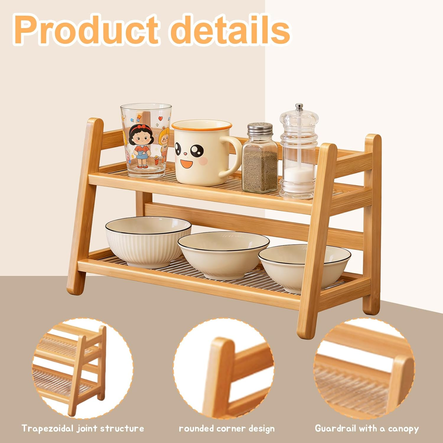 AXVRAV Cup Rack 2-Tier Bamboo Kitchen Organiser Rattan Look Coffee Cup Holder & Tea Matcha Station for Kitchen Worktop & Home Practical Cup Stand for Storage and Decoration image number 2