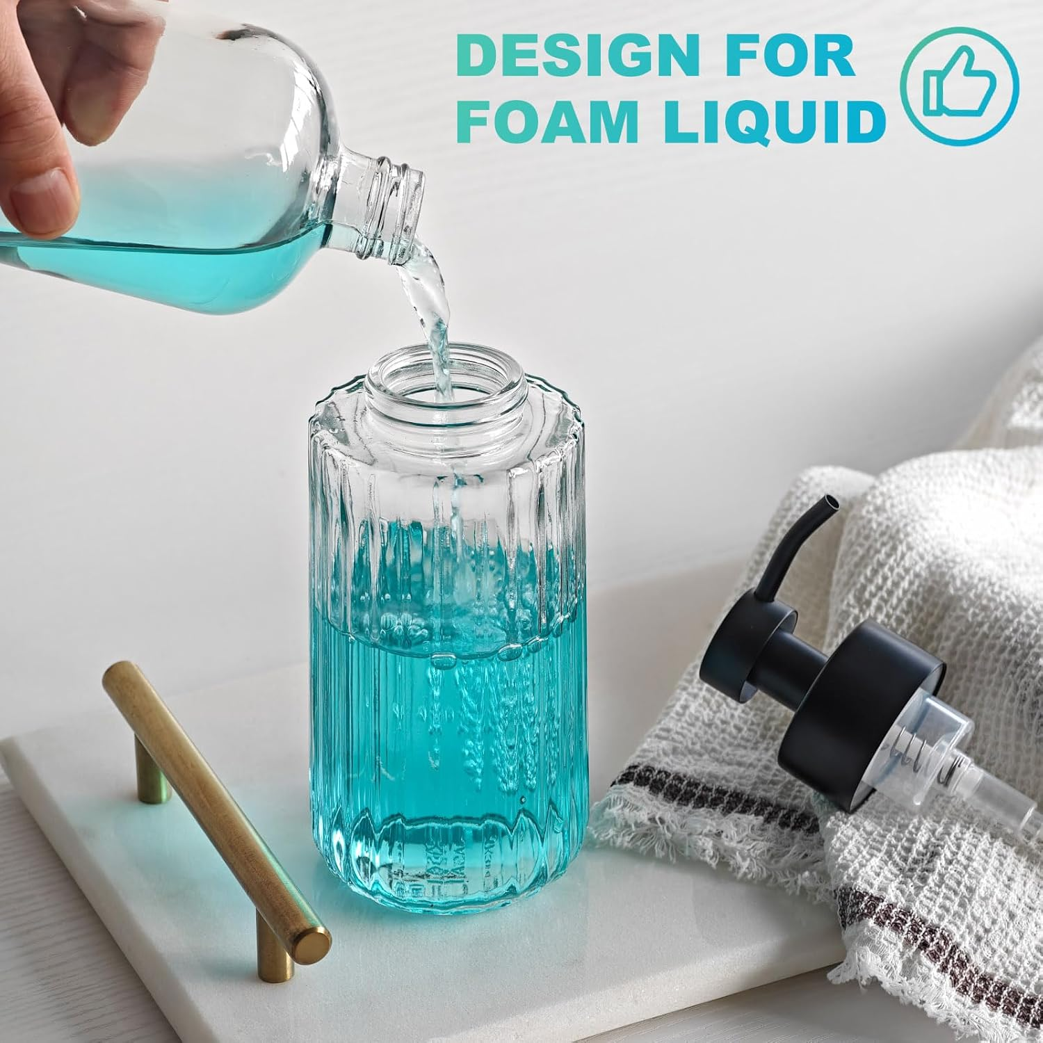 JASAI 16Oz Glass Foaming Soap Dispenser with Black Rust Proof Pump, Refillable Foam Soap Dispenser with Thick Glass, Foaming Hand Soap Dispenser for Bathroom & Kitchen（Black）