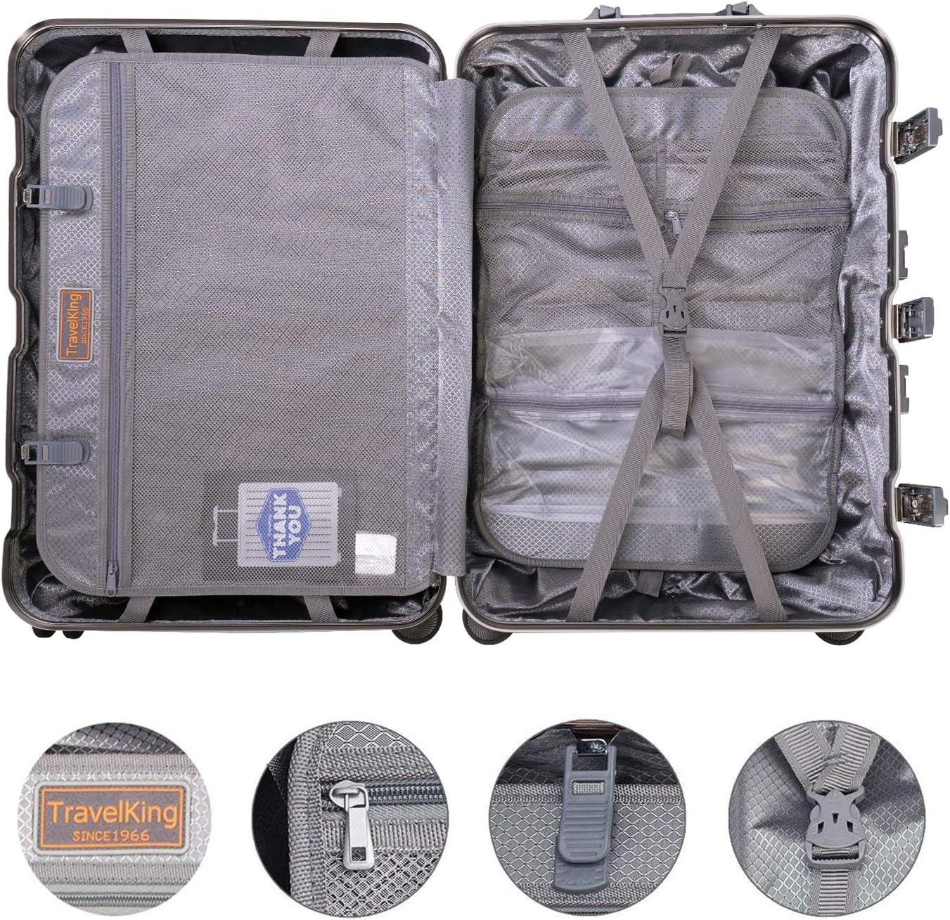 Travelking Multi-Size All Aluminum Hard Shell Luggage Case Carry on Spinner Suitcase by Travelking 20"-28", Sliver, 28" image number 5