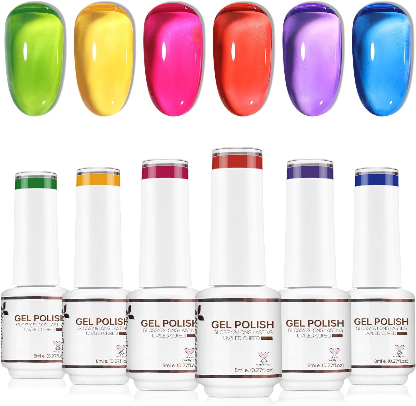 Nicedeco Cruelty-Free Vegan Jelly Neon Gel Nail Polish Set,Green Yellow Red Purple Blue Pink Jelly Nail Polish Soak off UV LED for Salon and Nail Art DIY Nail Gel Polish Set 6 Colors-45