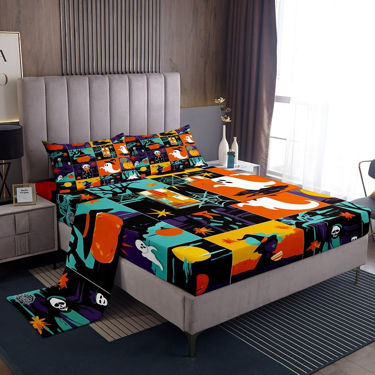 Gothic Spooky Bed Sheet Set Pumpkin Lantern Bedding Set for Kids Boys Teens, Ghost Spider Web Fitted Sheet Black Bat Cat Cobwebs Halloween Decor King Size Grey