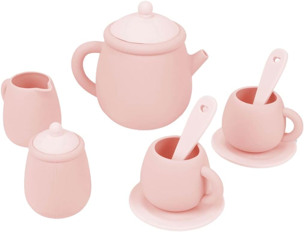 11 Piece Silicone Toy Tea Set - Teapot, Teacups & Saucers, Spoons, Sugar and Milk Jug - Pretend Play for Babies and Toddlers (Pink)