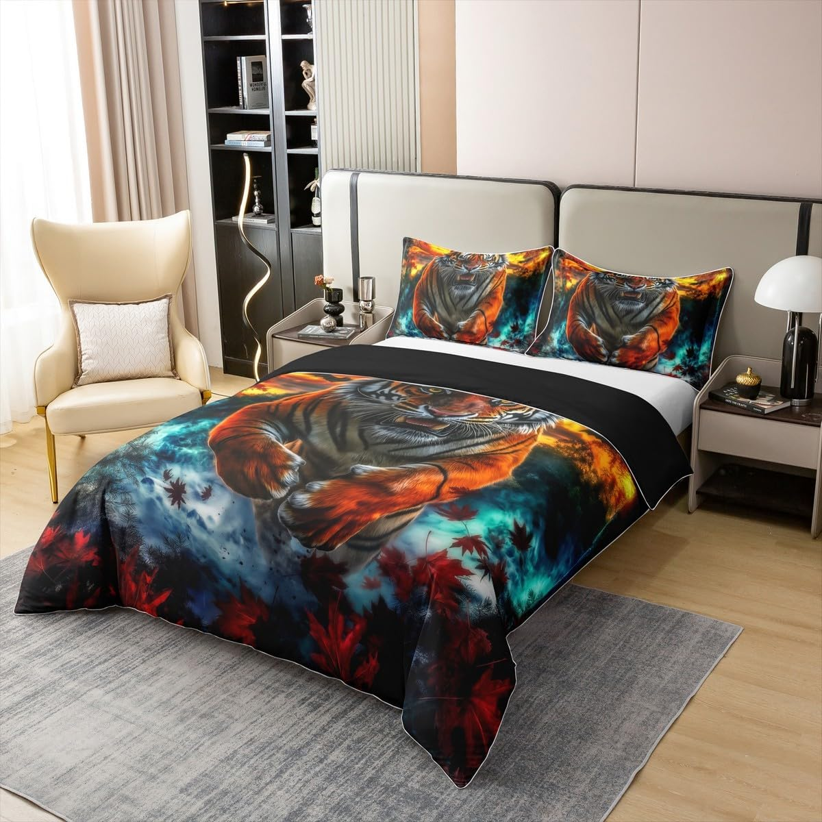 Tiger 100% Cotton Duvet Cover, Wild Animal Tiger Bed Linen Set, 155 X 220 Cm, Wild Animal Print Comforter Cover, Western Farm Red Maple Leaves Room Decor with 1 Pillowcase, Blue Orange Bed Set image number 3