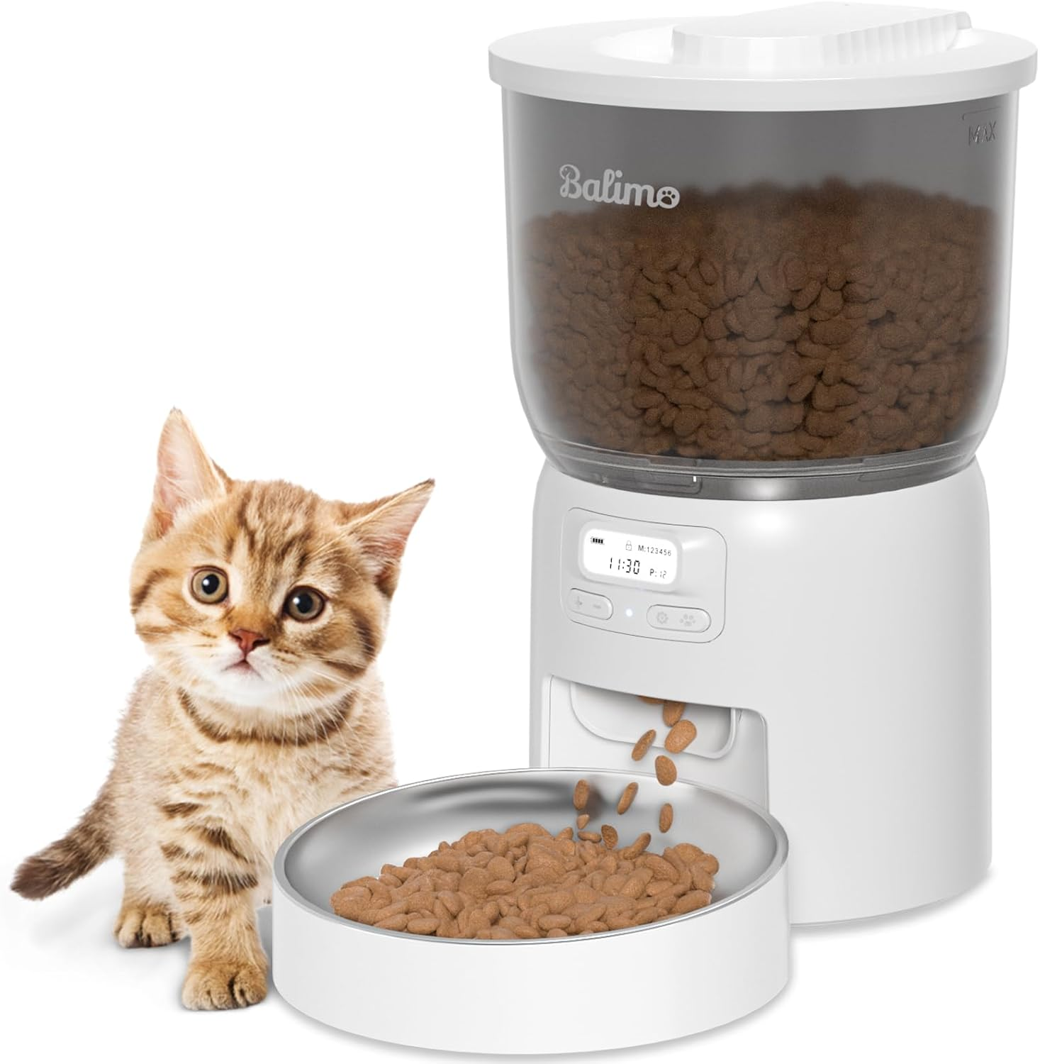 Balimo Automatic Cat Feeder, 3L Cat Food, Programmable Timer, Cat Feeder, Automatic Feeder for Cats and Dogs, 1-6 Meals a Day, with Stainless Steel Bowl Basin, White