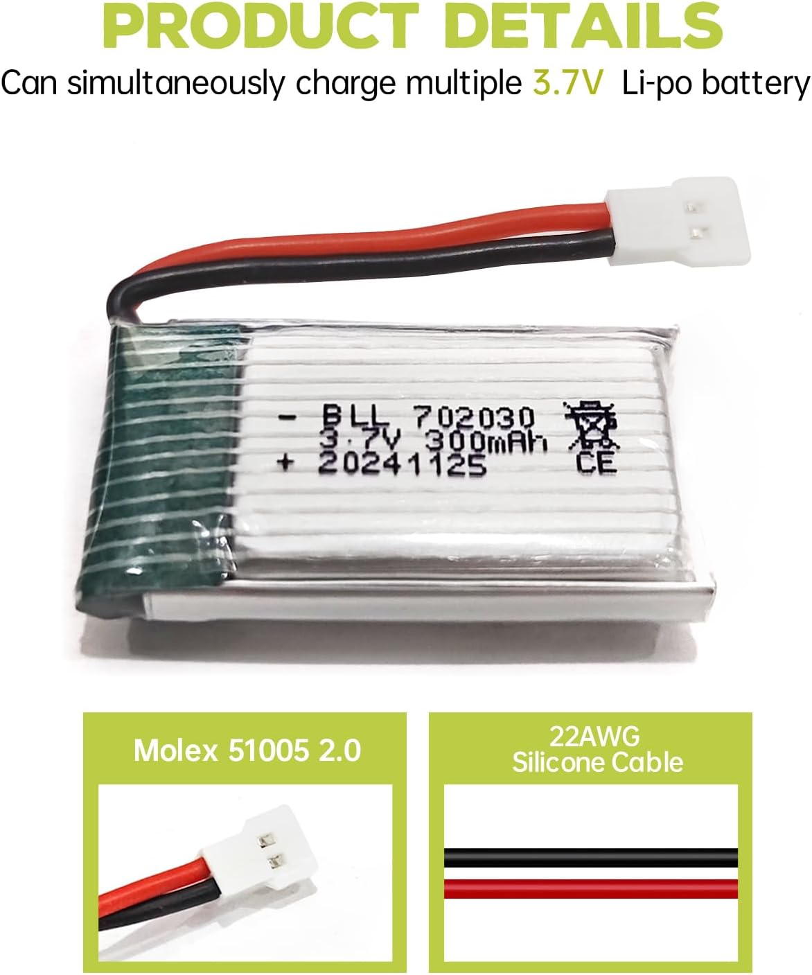 5PCS 3.7V 300Mah Lithium Battery with 5In1 Charger for Syma S39 X11C Wltoys V911S A120 XK A150 V966 FX801 UDI U816A Hubsan H107L F180W F180C HS170 HS170C HS177 Quadcopter Drone Battery