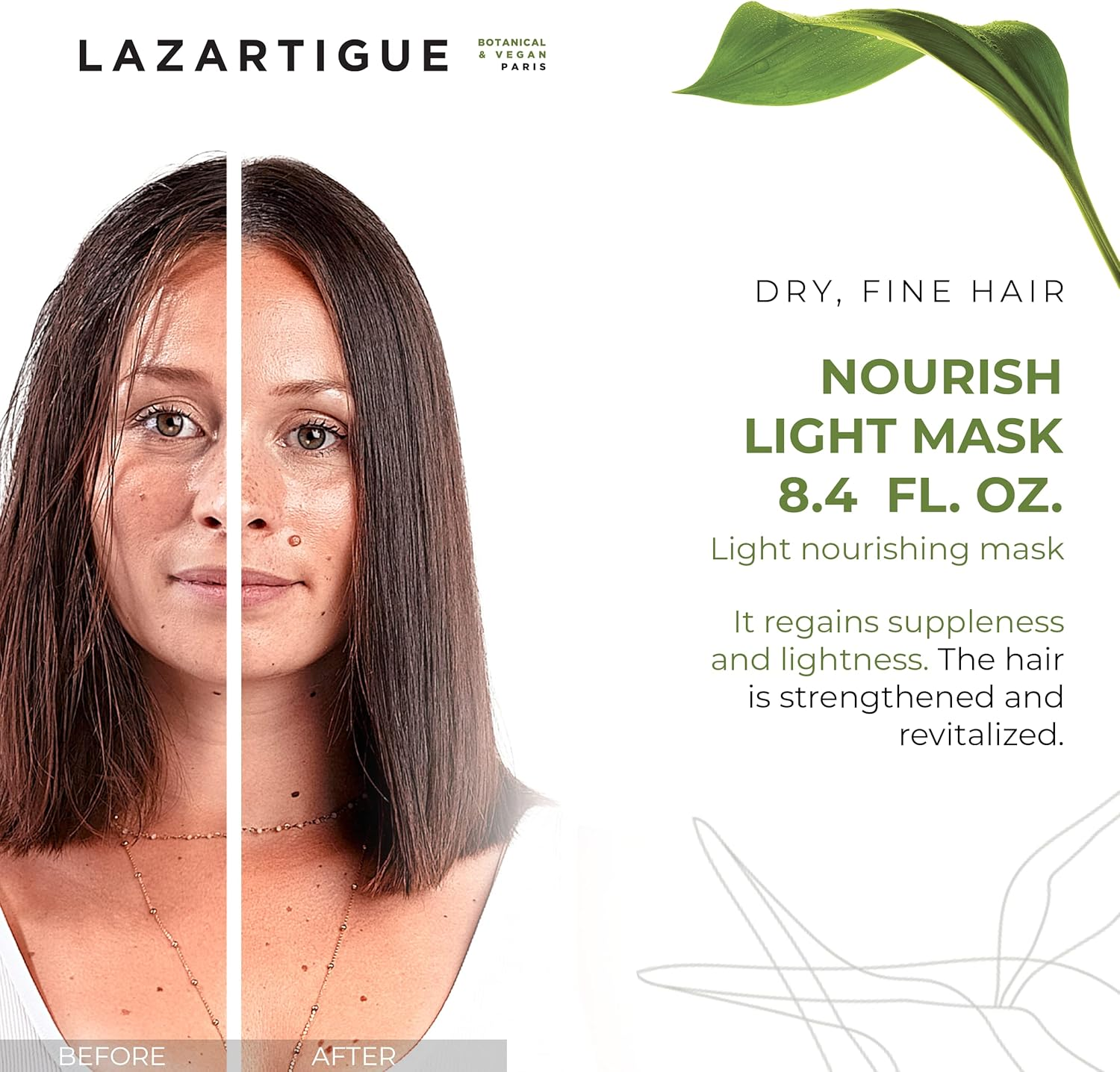 Lazartigue Nourish-Light Mask, Enhanced with the Richness of Soybean Oil, Strengthens Hair Fibers, Softens and Moisturizes Hair, 8.4 Fl Oz, Vegan, (10L01119B)