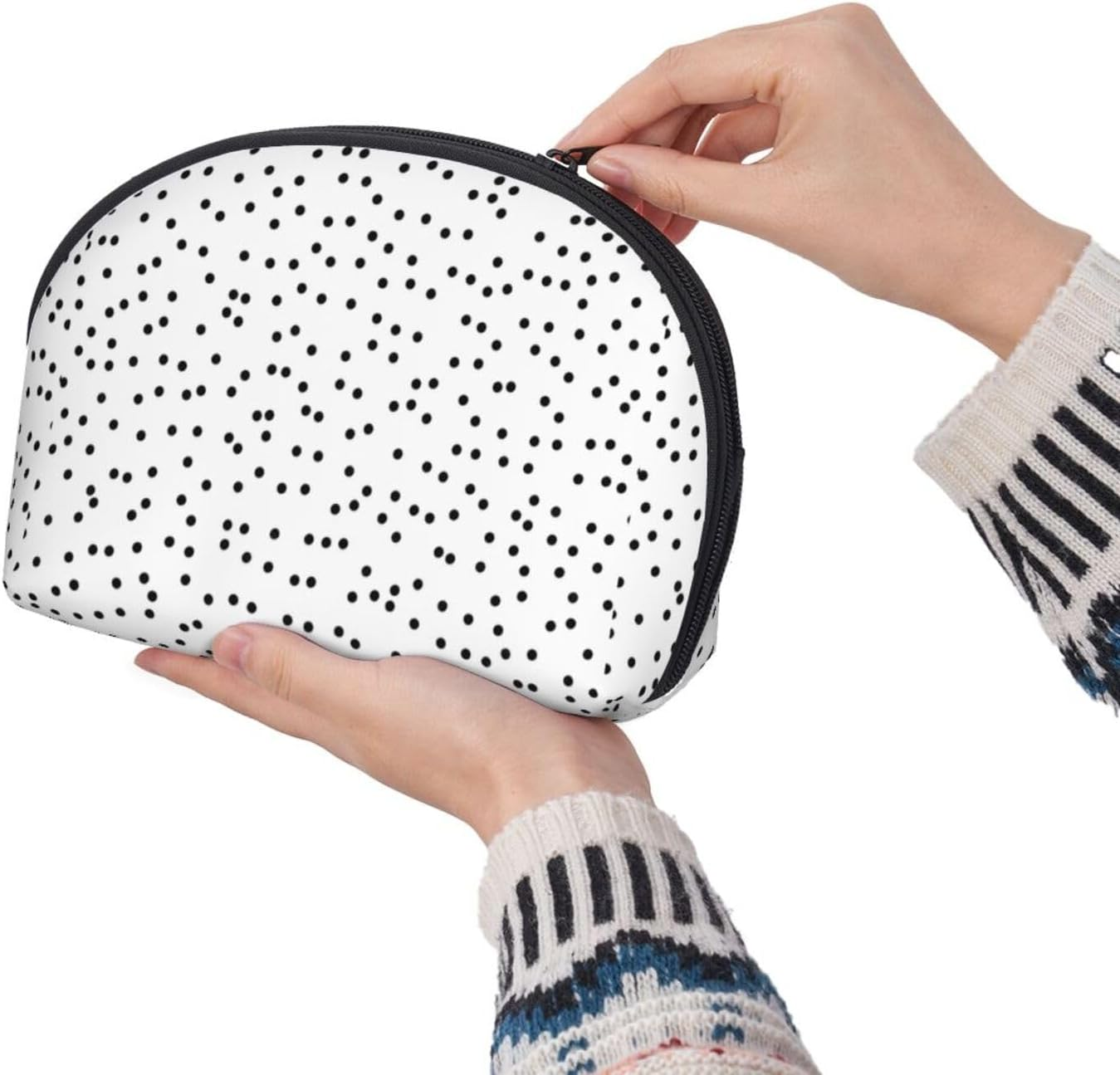 Coin Pouch Makeup Bags Set, 2 Piece Shell Shape Cosmetic Bag with Pockets for Daily Travel Handbag Lipstick Keys Toiletry, Personalized Polka Dot Black on White image number 3