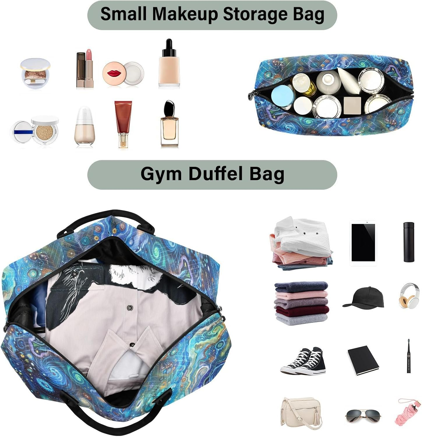 Blue Laser Style Large Bag Travel Weekender Gear Bag Workout Bag with Toiletry Bag for Hiking Large Capacity, Blue，Laser Style, One Size, Blue，Laser Style, One Size image number 6