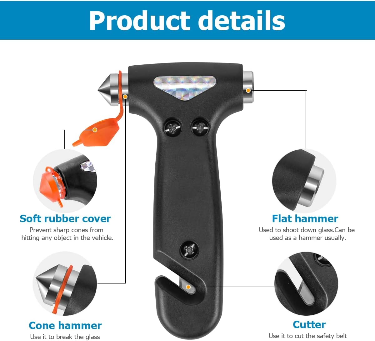 BELOMI 2 Pack Car Safety Hammer, Emergency Escape Tool with Window Breaker and Seat Belt Cutter, 5-In-1 Auto Multifunctional Escape Hammer for Accident, Vehicle Survive Accessories (Black)