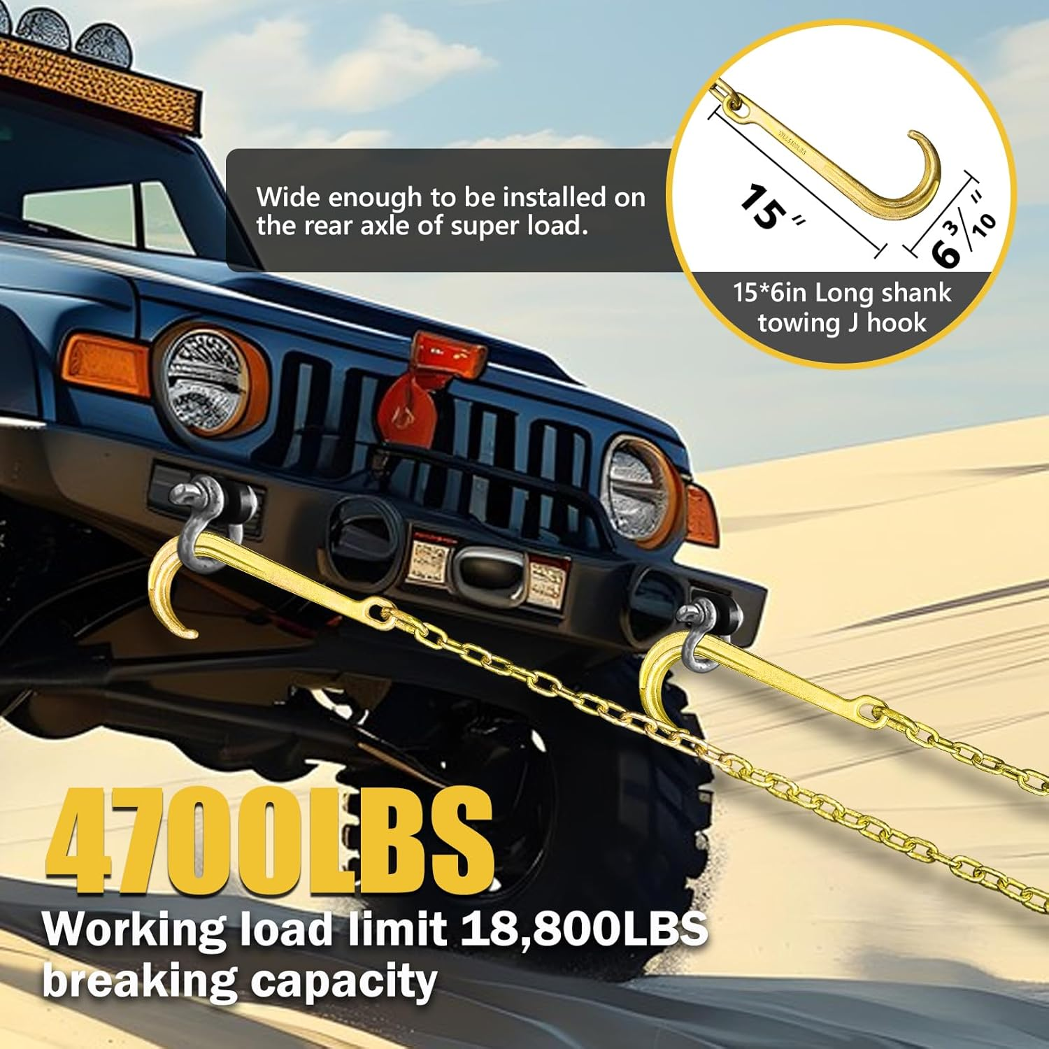 G80 J Hooks Tow Chain, 5/16" X 6' Recovery Tow Hooks Chain 15IN J Hook W/Rtj & Grab Hook, 18800LBS Tow Truck Accessories J Hooks, Bridle Tow Transport Chain, Wrecker Towing Truck Equipment, 2PCS image number 2