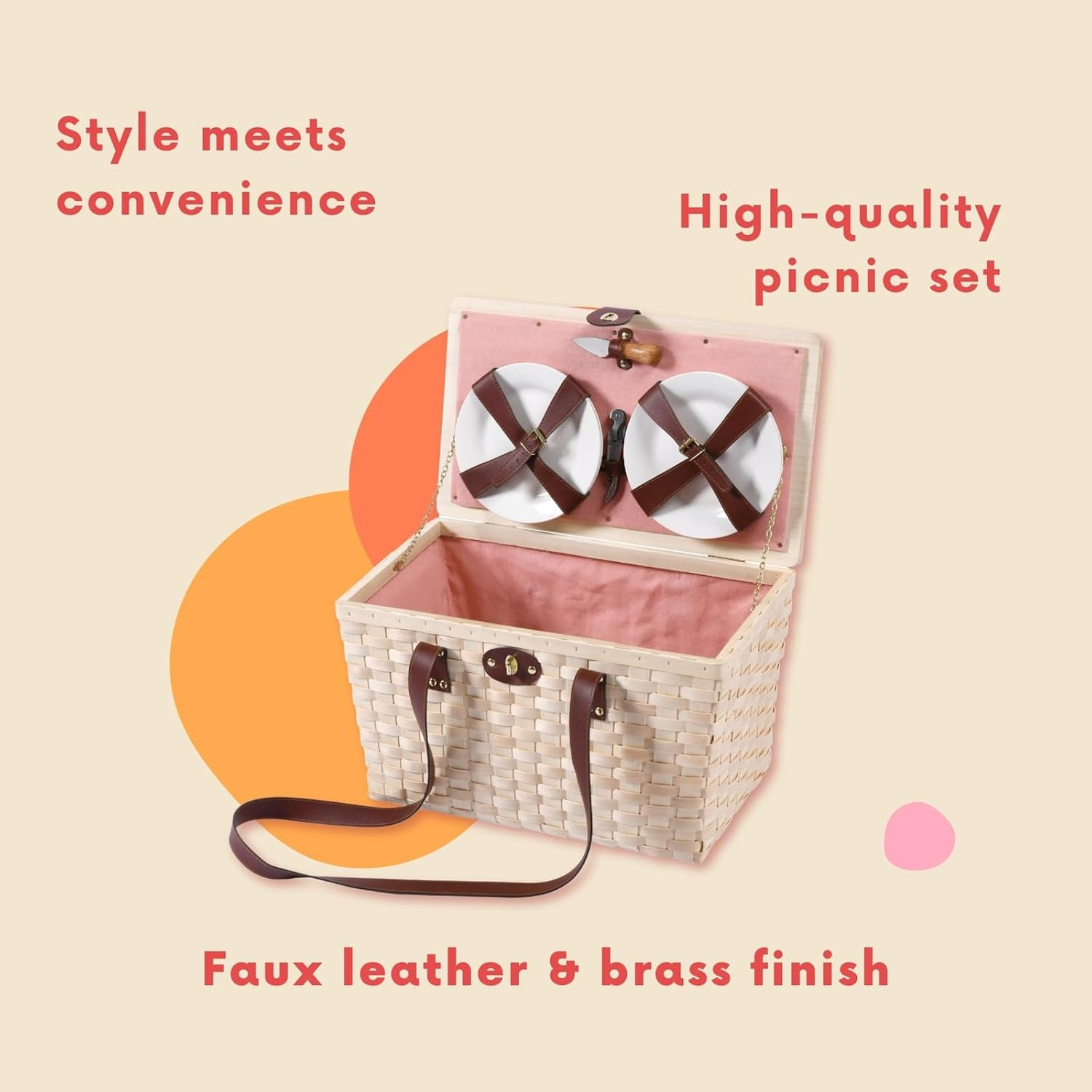 Vibes Barossa 4 Person Natural Wicker Picnic Basket Set Peach Lining Willow Wood with Carry Straps Outdoor Travel Camping Hamper Set Included, Cutlery, Plates, Wine Glass, Corkscrew, Cheese Board - Barossa Natural Wicker Peach image number 5