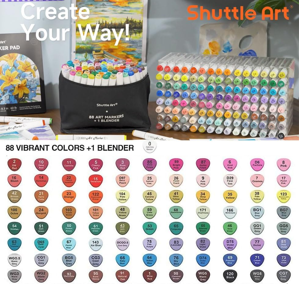 Shuttle Art Dual Tip Alcohol Based Art Markers, 88 Colours plus 1 Blender Permanent Marker with Handle Case Perfect for Kids Adult Coloring Books Sketching Card Making image number 4