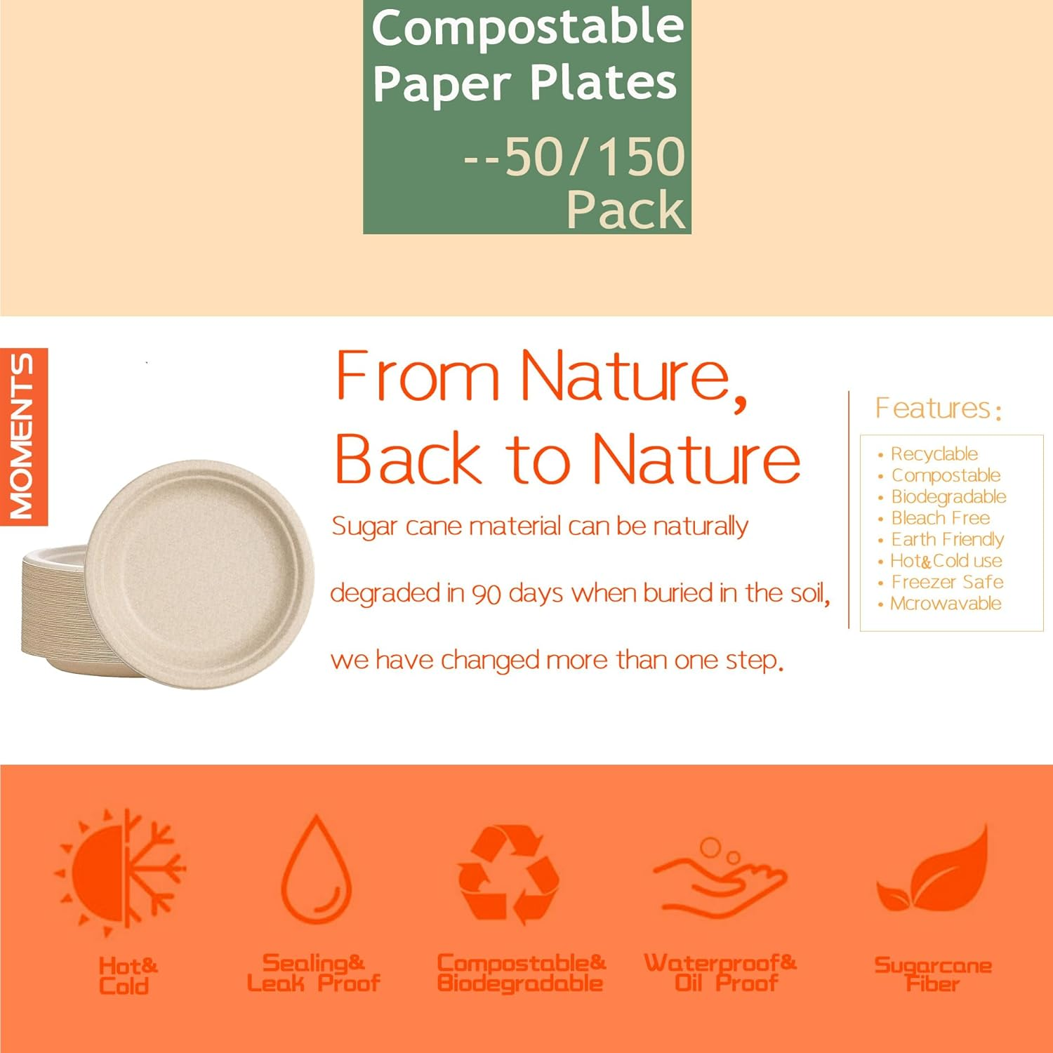 100% Compostable Paper Plates, 150-Pack Heavy Duty Disposable Plates 9 Inch Plates - Eco-Friendly, Biodegradable Paper Fiber, Natural Unbleached Brown 9" Dinner Paper Plate Disposable (150) image number 5