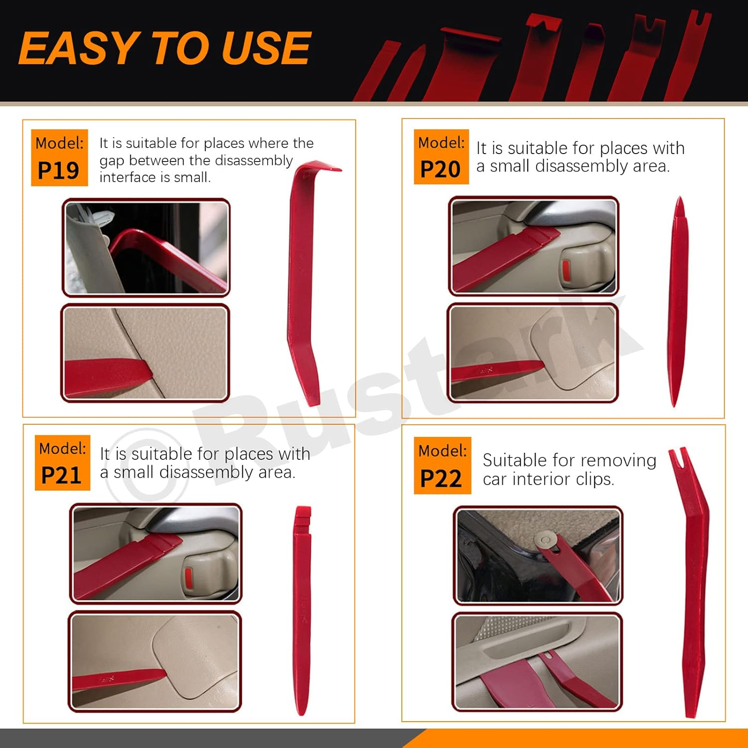 Rustark 8Pcs Auto Car Trim Removal Tool Kit Pry Tool Set Car Trim Removal Tool Interior Door Panel Fastener Removal Tool for Auto Car Clip Audio Dashboards Panel Installer image number 3