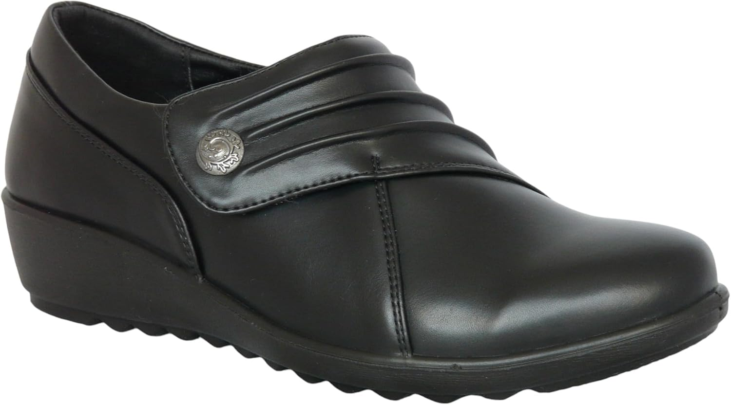 Cushion Walk Wide Fitting EEE Fit Black Shoes Women'S Ladies Lightweight Faux Leather Slip-On Flat Shoes, Flats, Casual Work Office Comfort Shoes, with Button Detail image number 3