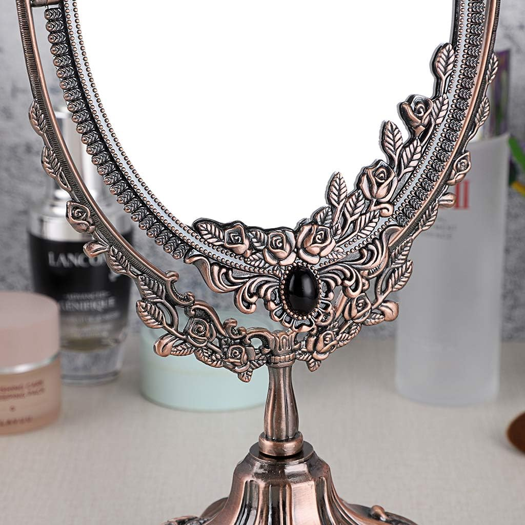 JUXYES Metal Tabletop Antique Decorative Makeup Mirror with Stand, Vintage Swivel Double Sided Cosmetic Mirror with Frame, Retro Desktop Oval Dressing Mirror for Bathroom Bedroom image number 4