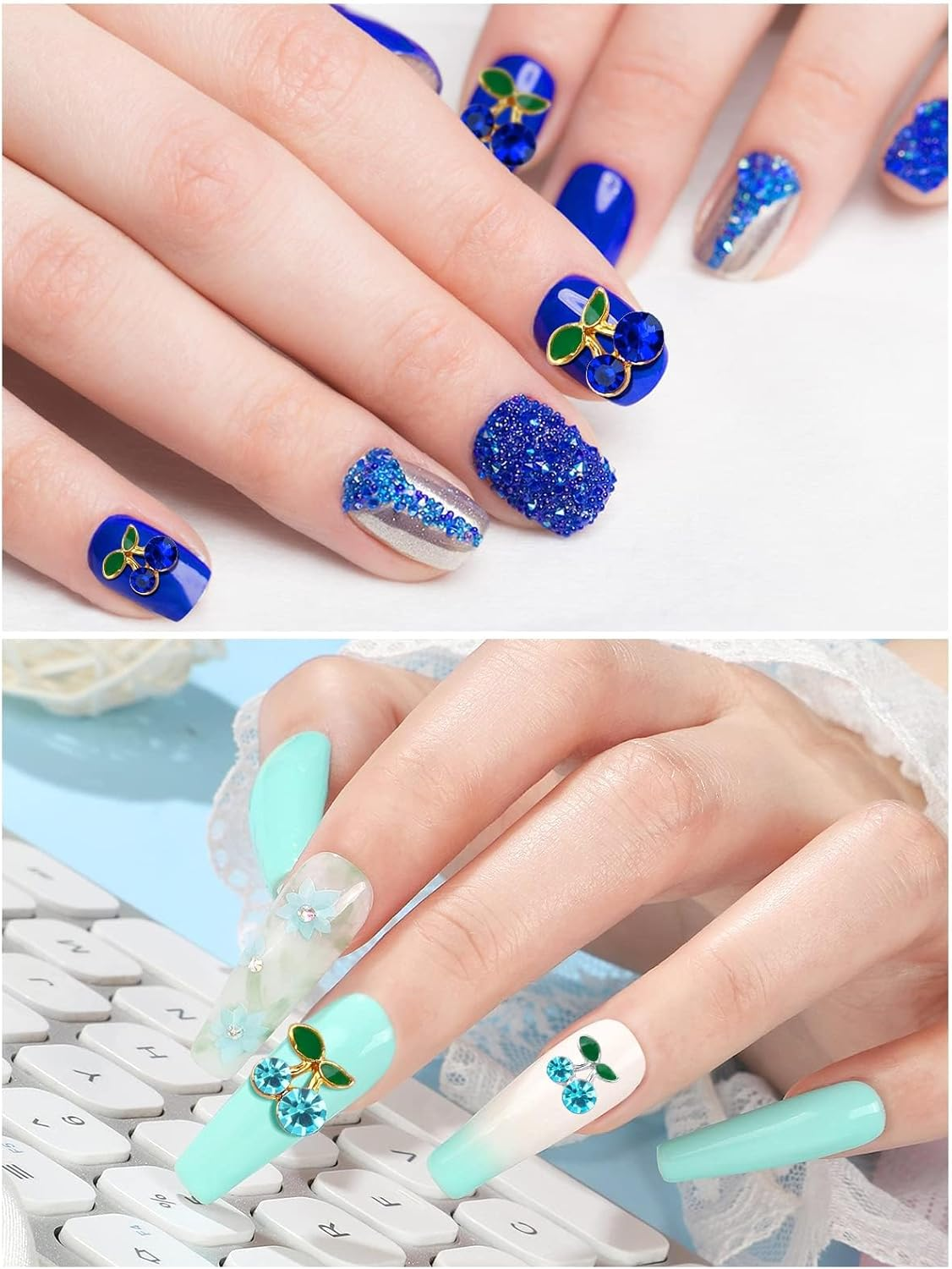 Kalolary Cherry Nail Rhinestones, 48Pcs 3D Cherry Charm Blue Fruit Diamond Crystal Nail Studs Alloy Nail Gems for Women Nail Art Decoration
