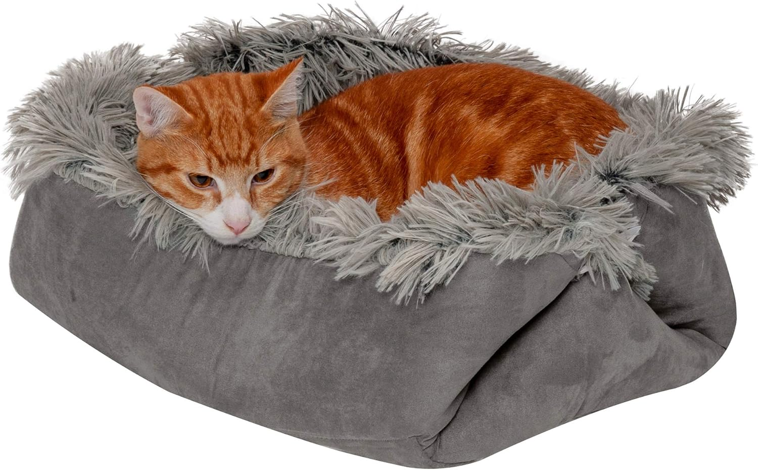 Furhaven Small Cat Bed Self-Warming Long Faux Fur & Suede Convertible Cuddler, Washable - Gray, Small image number 5