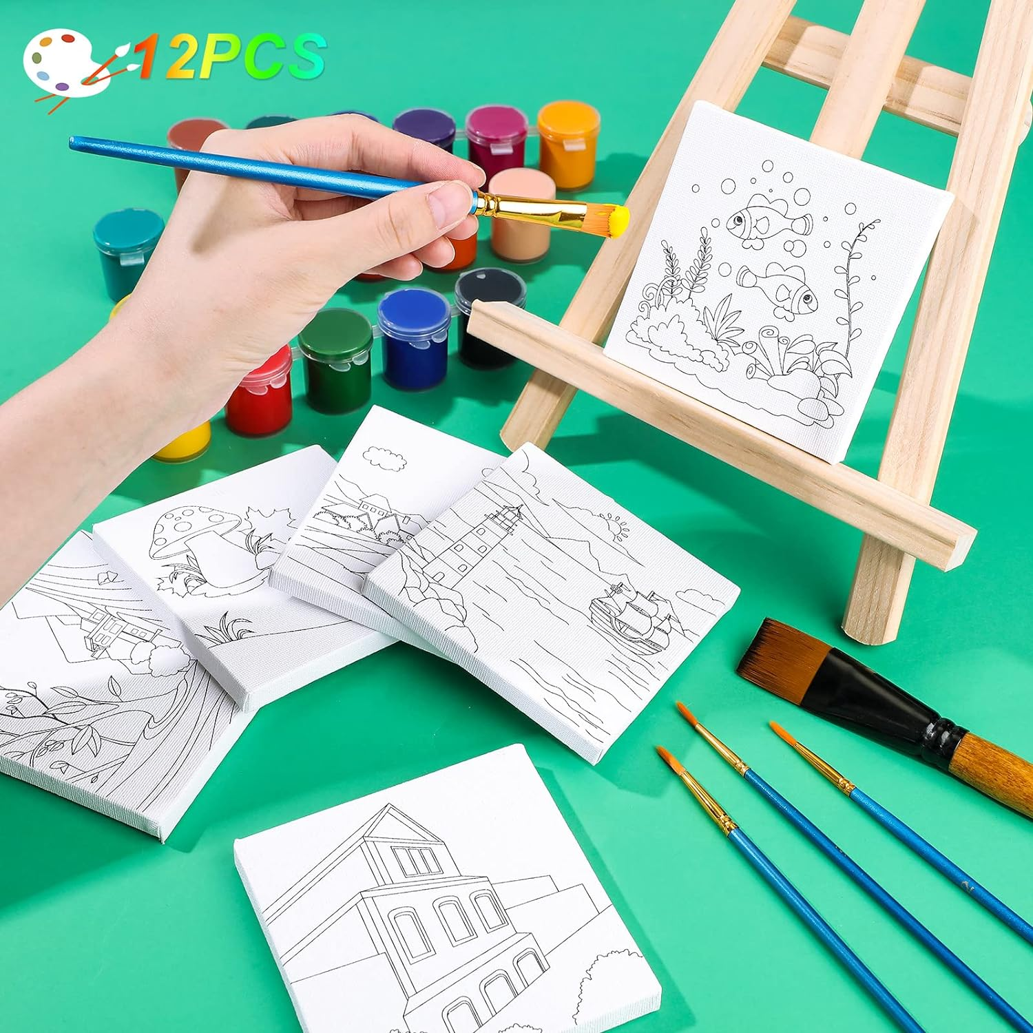 Meanplan 12 Pcs Pre Drawn Canvas for Painting for Adults 4 X 4 Inch Pre Printed Stretched Canvas with Pictures to Paint DIY Outline Boards for Party Favor Beginner Art Gifts(Village and Sea Style) image number 5