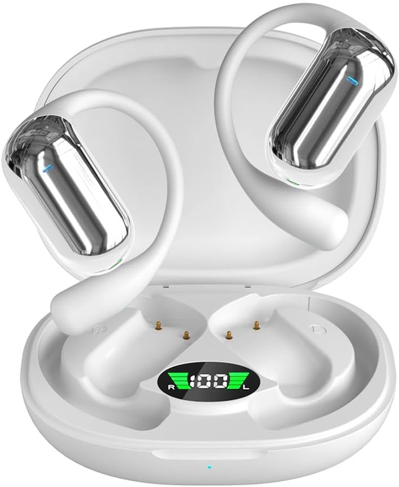 Air Line Headphones, Bluetooth 5.4, Clear Conversations, Single Sided/Dual Sided Automatic Pairing, Large Charging Case - Ideal for Sports, Commuting and Gaming (White)