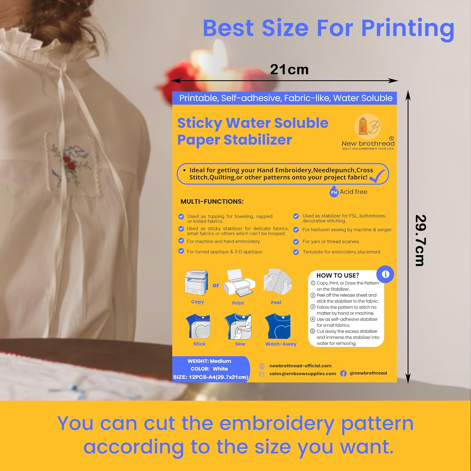 New Brothread 12PCS A4 Sticky Water Soluble Embroidery Stabilizer Printable Paper Stabilizer - Medium Weight - Allowed for Print or Draw Patterns Best for Hand & Machine Embroidery image number 2