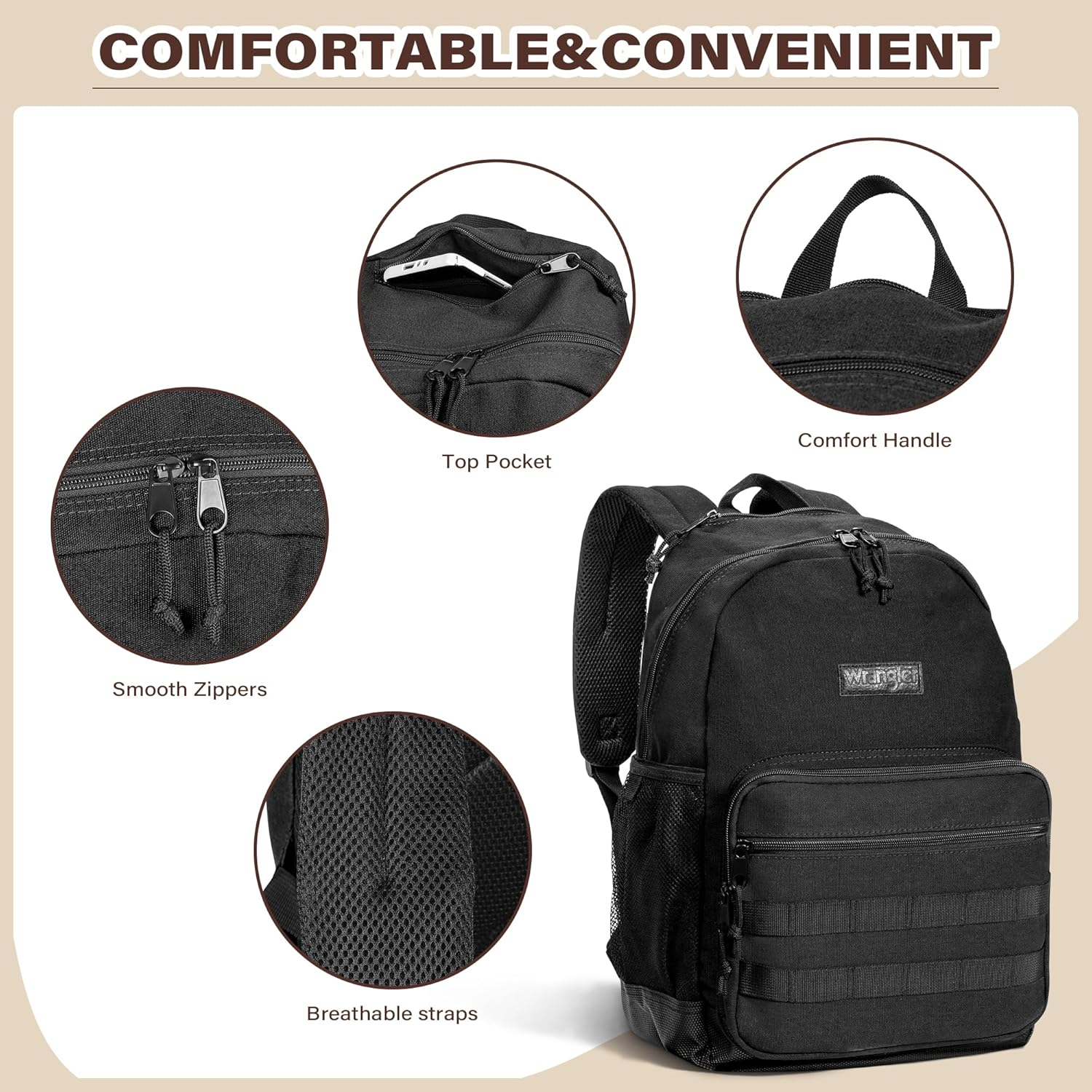 Wrangler Backpack for Men and Women, Casual Daypack for Travel, Work School，Laptop Backpack, Black, Large image number 2