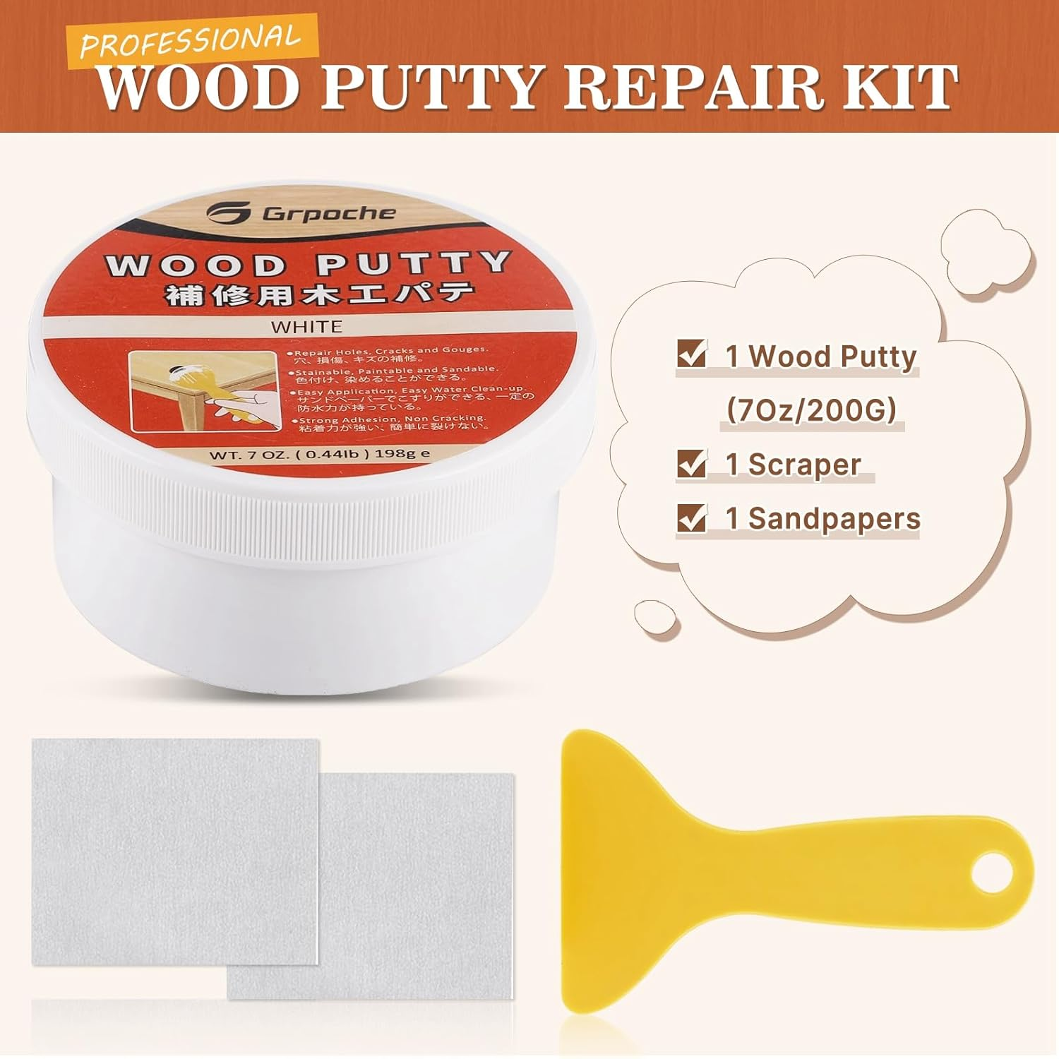 Wood Filler White Putty Water-Based Wood Filler Paintable Stainable Premium Wooden Repair Kit for Door Trim Restore Table Cabinet Floors Hole image number 4