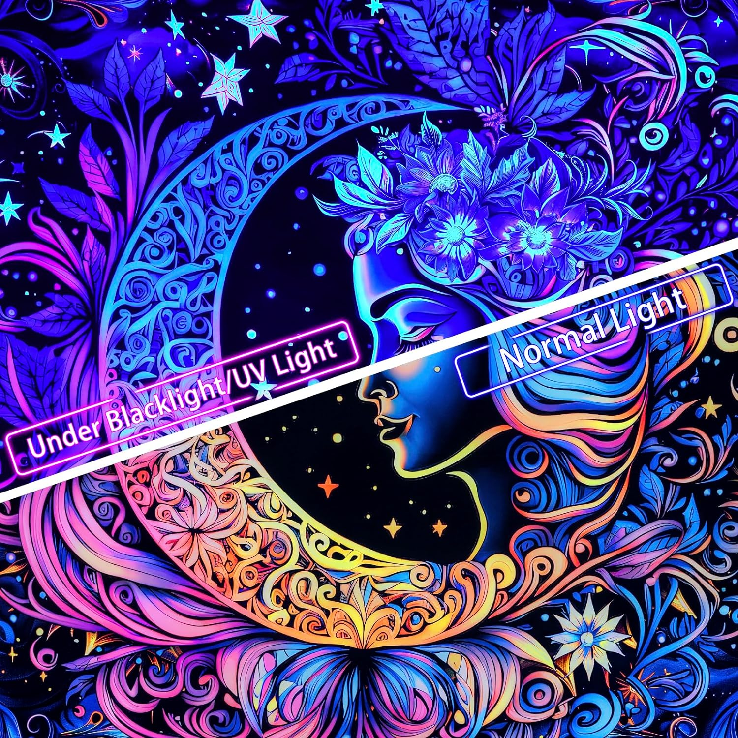Blacklight Tapestry UV Reactive Moon and Star Mandala Boho Wall Hanging for Bedroom (59.1 X 59.1 Inches) image number 3
