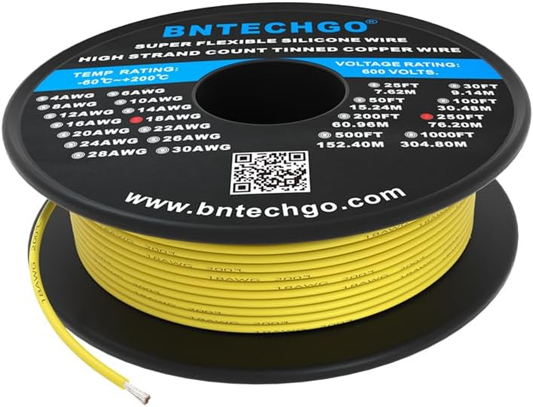 BNTECHGO 18 Gauge Silicone Wire Spool Yellow 250 Feet Ultra Flexible High Temp 200 Deg C 600V 18AWG Silicone Rubber Wire 150 Strands of Tinned Copper Wire Stranded Wire for Model Low Impedance image number 2