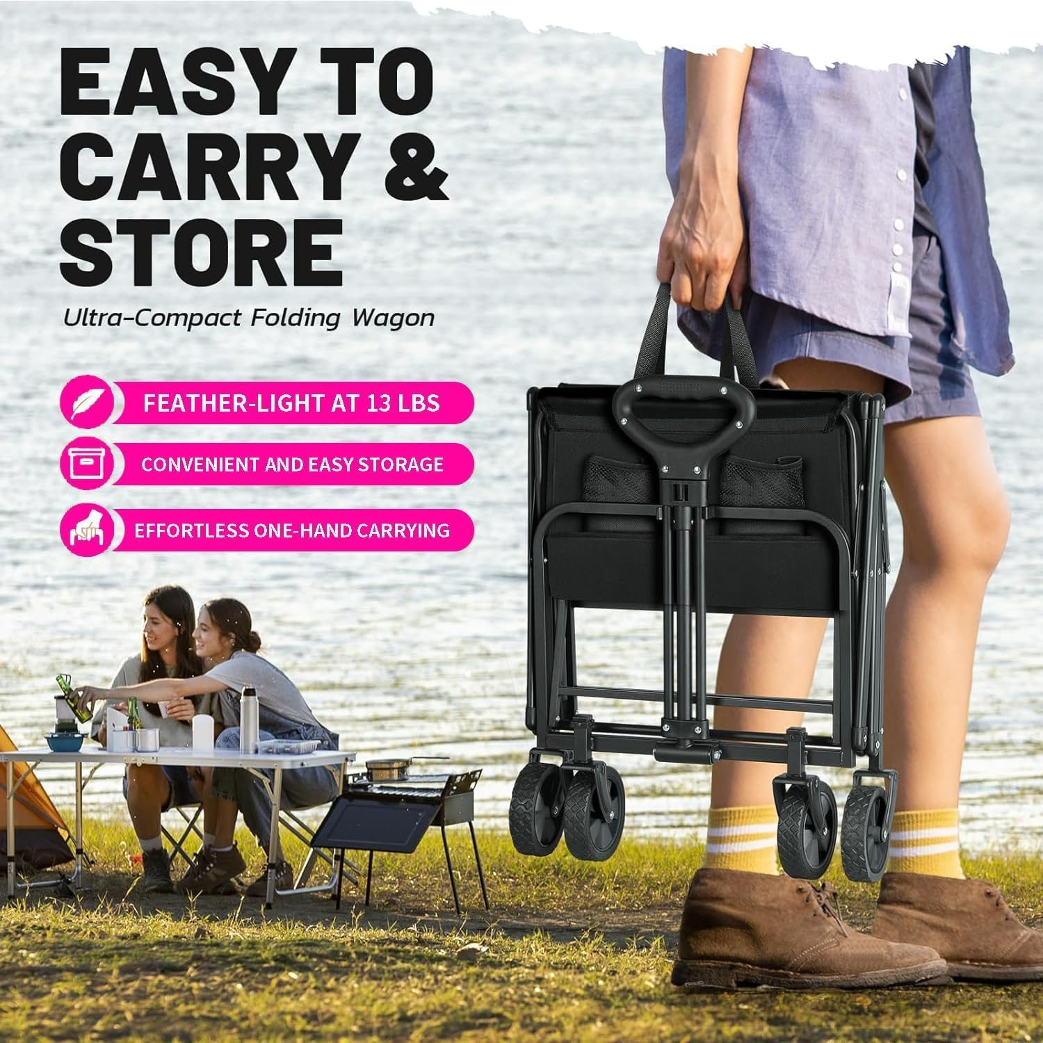 Fohouse Collapsible Folding Wagon, Portable Large Wagon Cart, Large Capacity Heavy Duty Wagon Cart with Wheels, Utility Grocery Wagon with Side Pocket and Brakes for Camping Garden Sports - Black image number 4