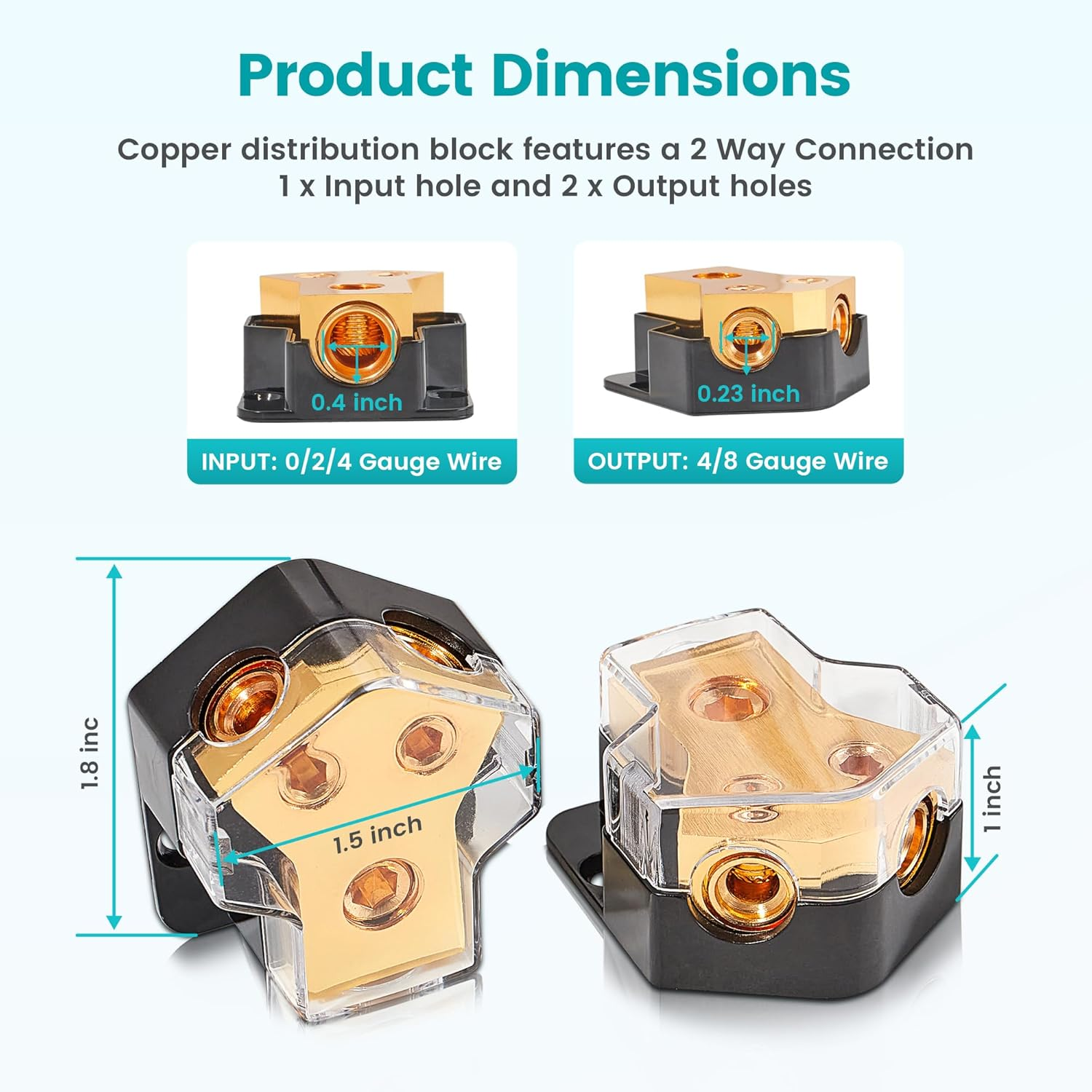 Nuith 2PCS 2-Way Copper Power Distribution Block, 0/2/4 Gauge in 4/8 Gauge Out Auto Car Audio Distribution Connecting Block, 2 Way Ground Distribution Block Copper for Audio Amplifier Splitter image number 5