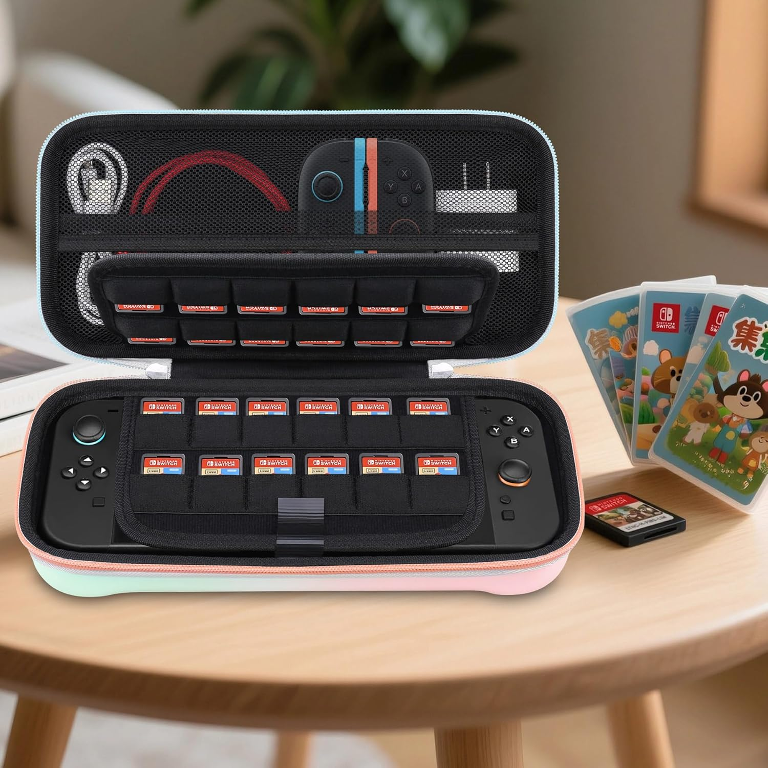 Elonbo Carrying Case for Nintendo Switch 2 (2025), Switch 2 Games Controller Grip Hard Travel Bag, Game Player Organizer Holder, Mesh Pocket Fits Joy-Con Cables Games Cartridges, Pink-Green image number 2