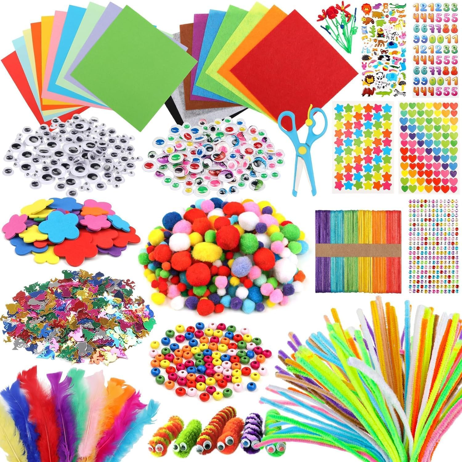Pipe Cleaners Craft Supplies, 1000+Pcs Arts and Crafts Supplies Including Pipe Cleaner Wiggle Googly Eyes Pom Poms Feathers Sticks Sequins Foam Flowers Papers Felt Stickers image number 2