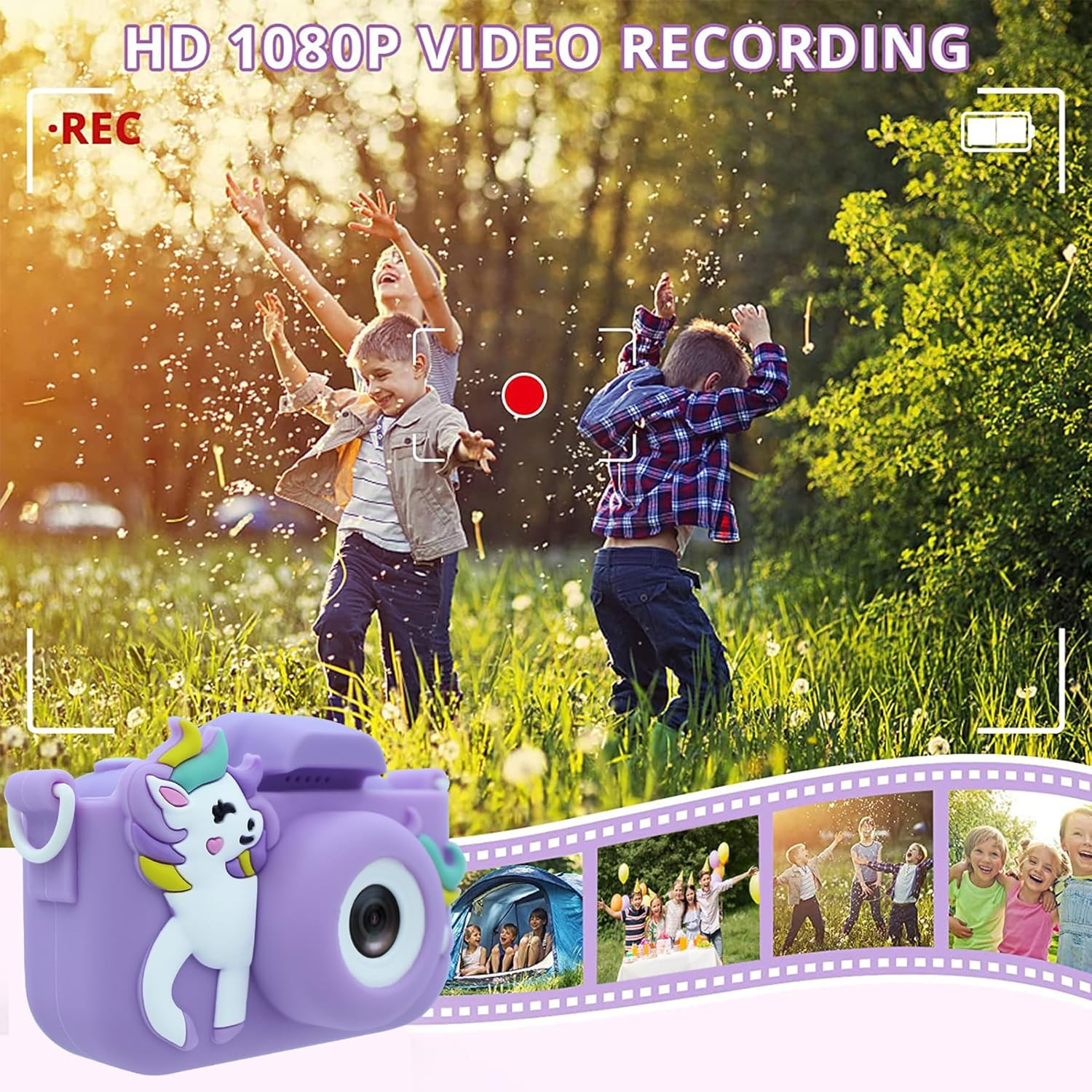 Kids' Digital Cameras, Mini Dual Camera Rechargeable Children'S Camera Gift, Boys and Grils Aged 3 to 9 Years Old,8 Million HD Video 2 Inches Screenfor Outdoor Play /32GB Card (Purple-Horse)