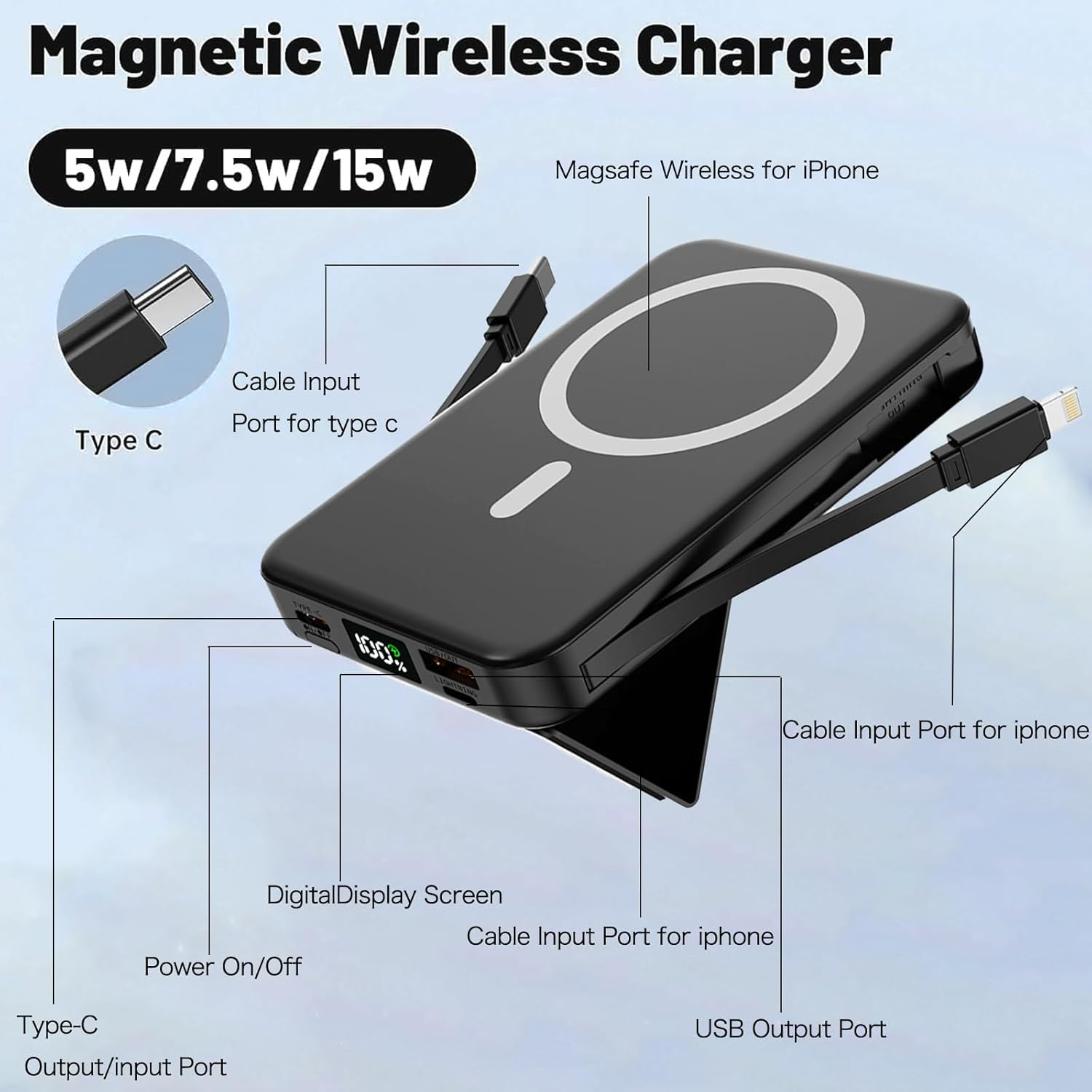 For Magsafe Battery Pack, 10000Mah Magnetic Power Bank 22.5W PD Fast Charging with USB-C Cable LED Display Wireless Portable Charger for Magsafe with Stand for Iphone 16/15/14/Pro Max image number 3
