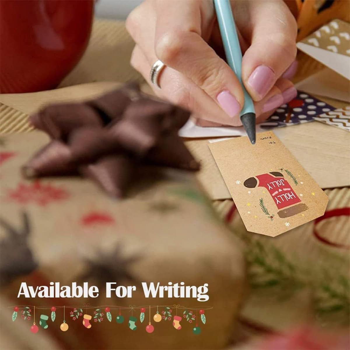 300Pcs Christmas Stickers,2 * 3 Inch Adhesive Kraft Labels Self Adhesive Gift Tags,Writable Christmas Stickers Label Tags for Gift Wrapping,Decoration,Greeting Cards image number 3